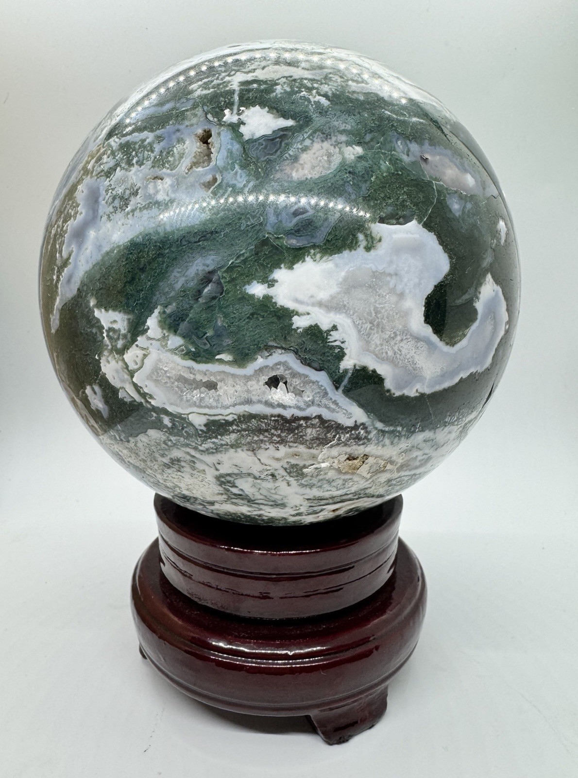 11 pound Polished Moss Agate Green White Crystal Sphere with Wooden Stand