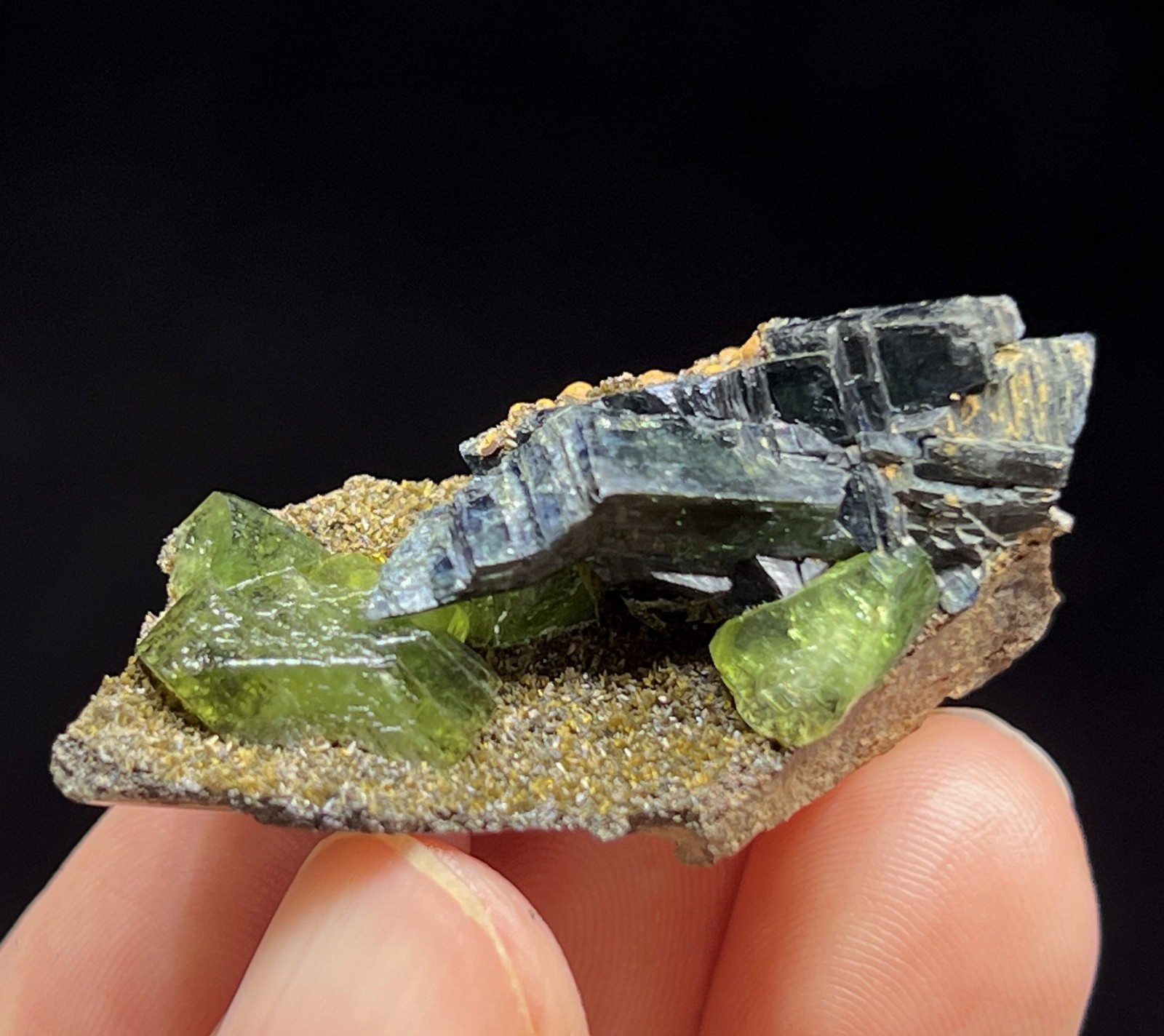 40mm GEMMY Green Ludlamite (LARGE crystals) with Vivianite mined from Brazil