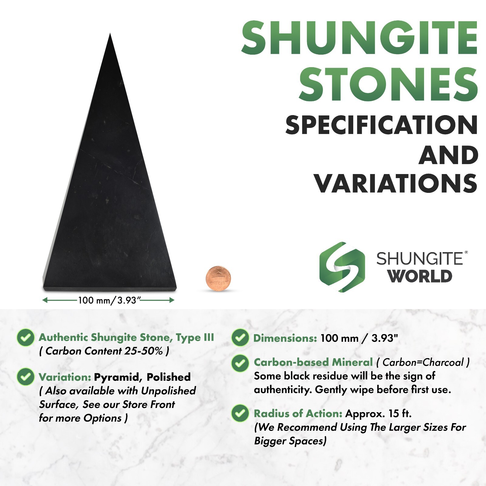 Shungite World Shungite Pyramid Tall – 100 mm / 3.93″ ( Polished or Unpolished )