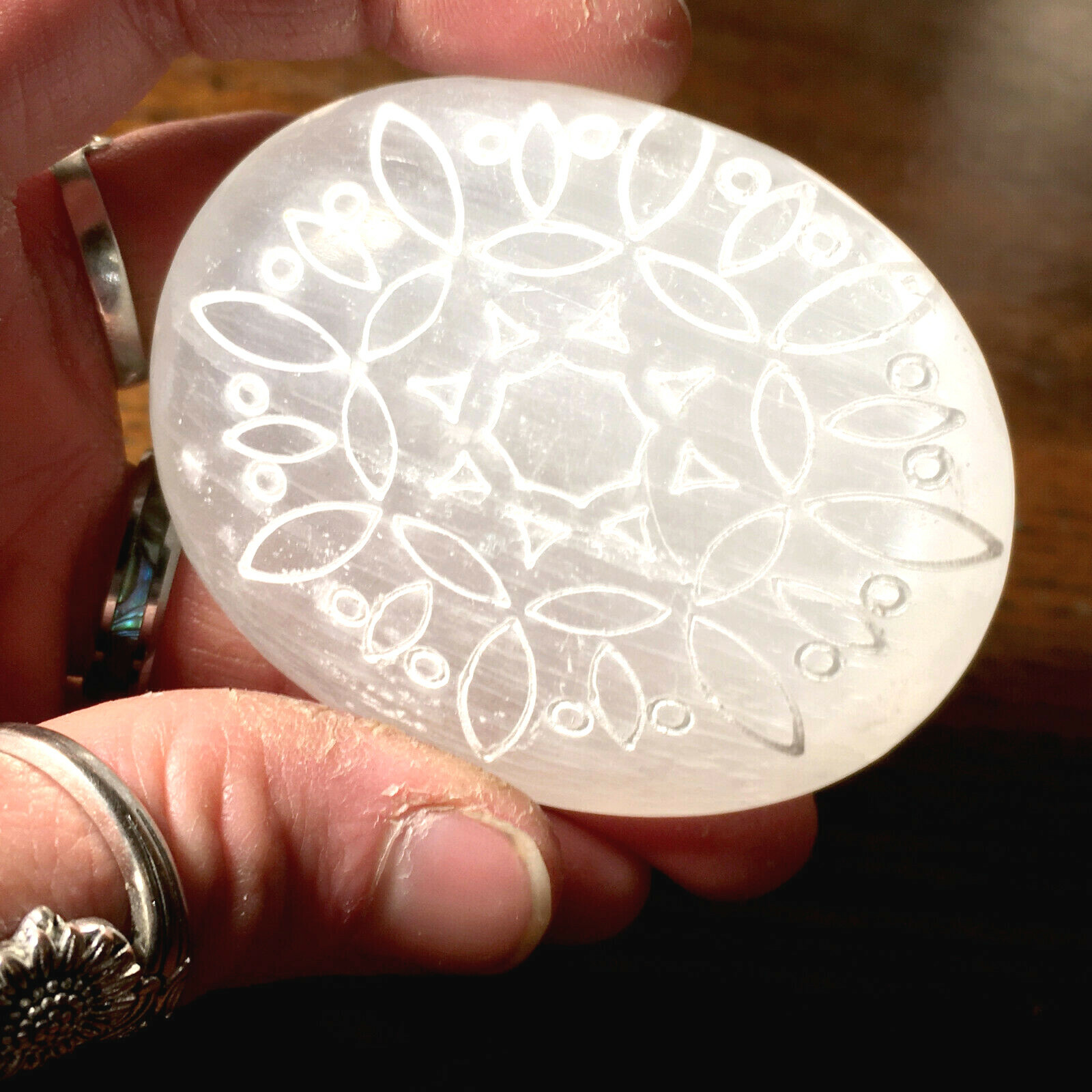 Natural Selenite Palm Stone Sacred Geometry Crystal Healing Polished Worry Stone
