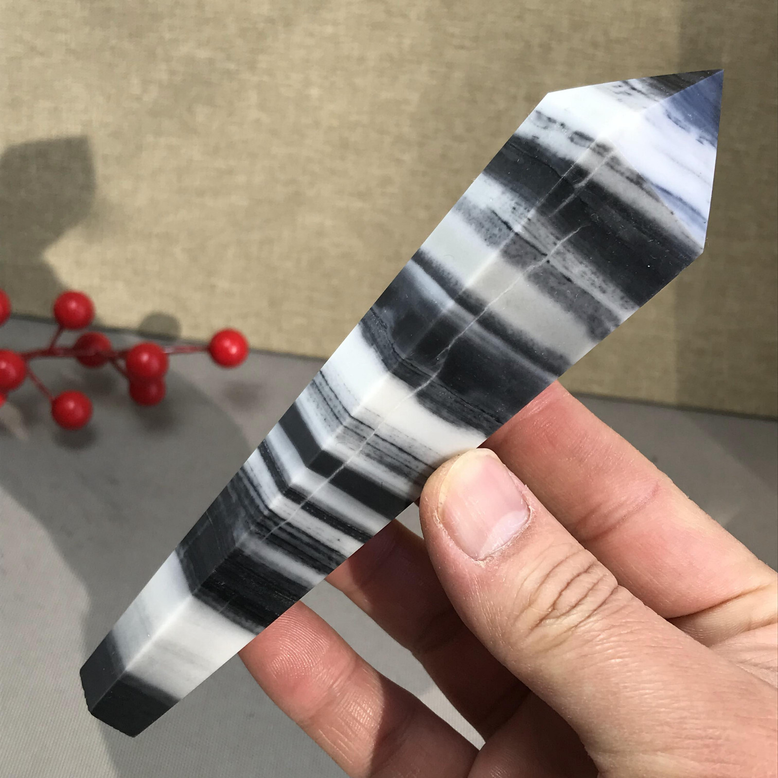 151mm Long Natural Taiji Stone stripe wand Obelisk Crystal specimens 255g A5779