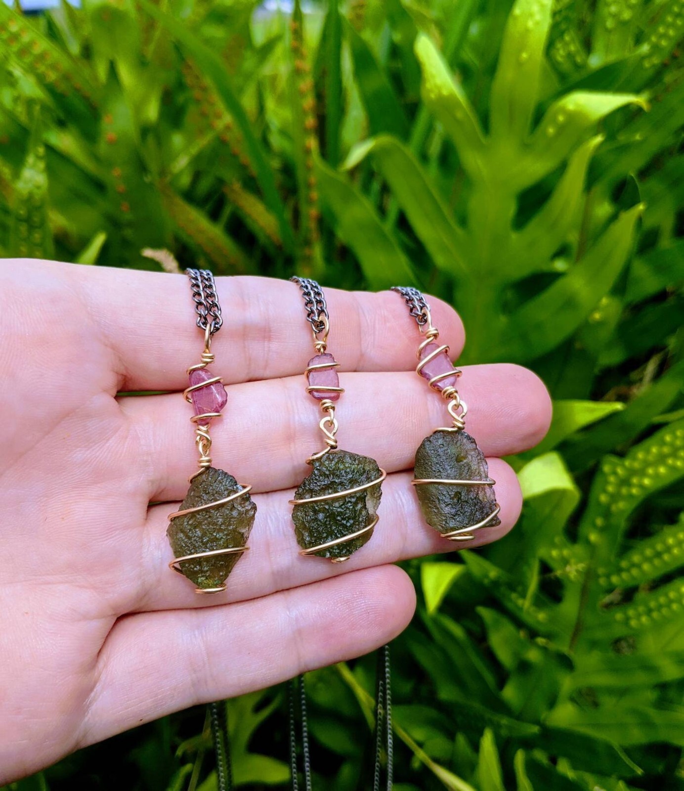 MOLDAVITE NECKLACE Pink Tourmaline 12kt Gold Certified Genuine Moldavite Pendant