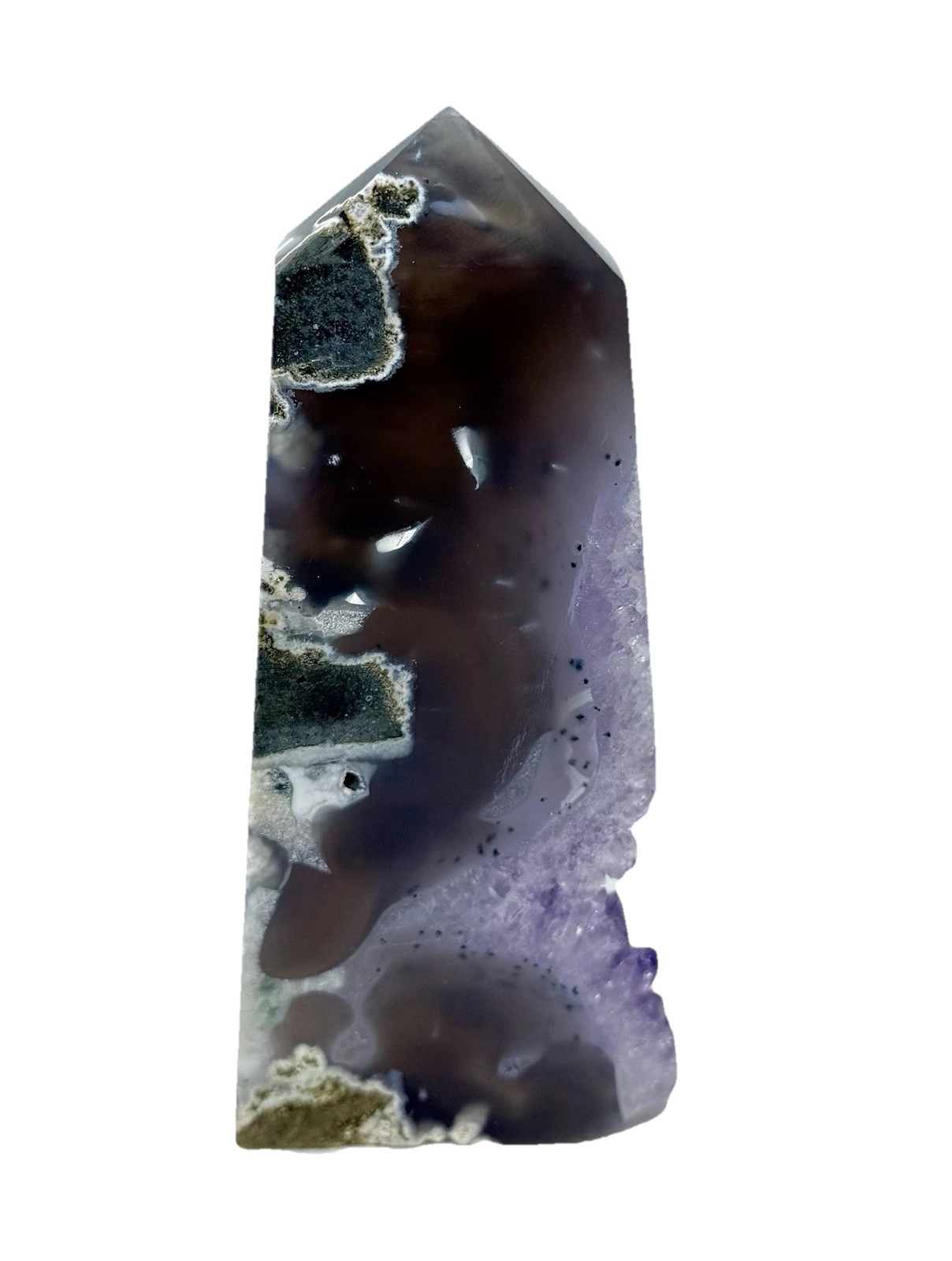 6” Pretty Polished Agate Tower With Purple Amethyst Cluster Free Standing