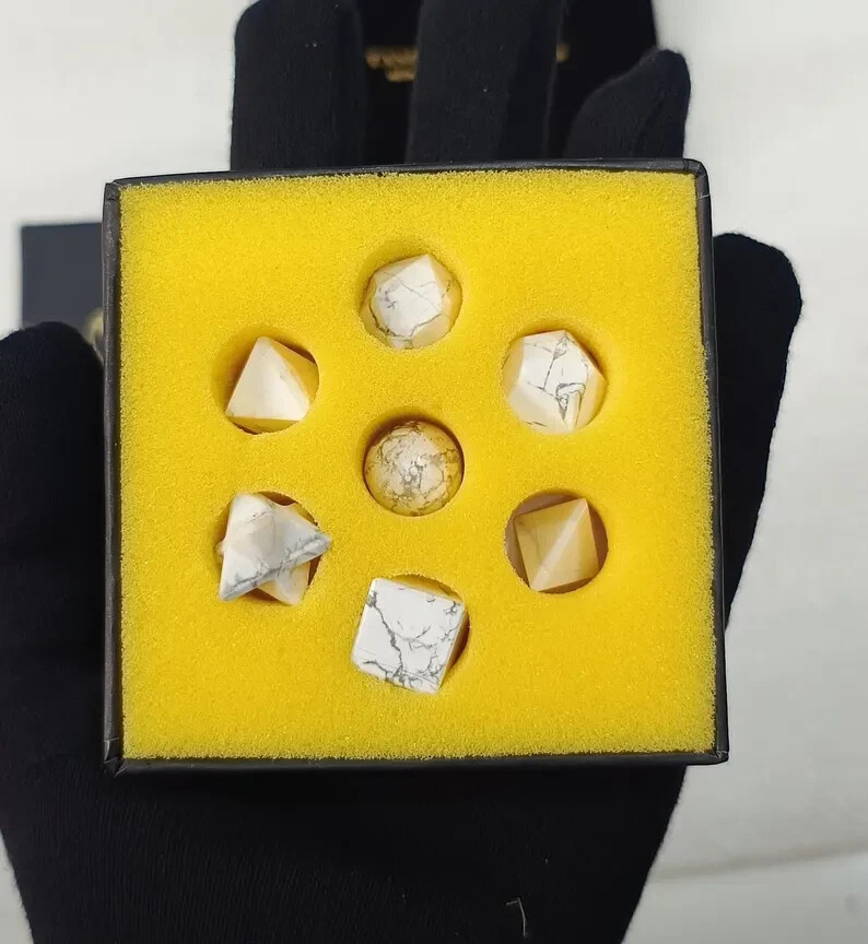 7pc White Howlite Platonic Solids Set Sacred Geometry Reiki Healing Crystal Grid