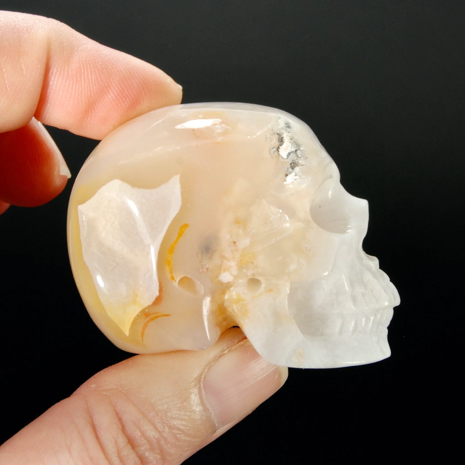 2in Sakura Flower Agate Carved Crystal Skull, Realistic Peach White Flower Agate