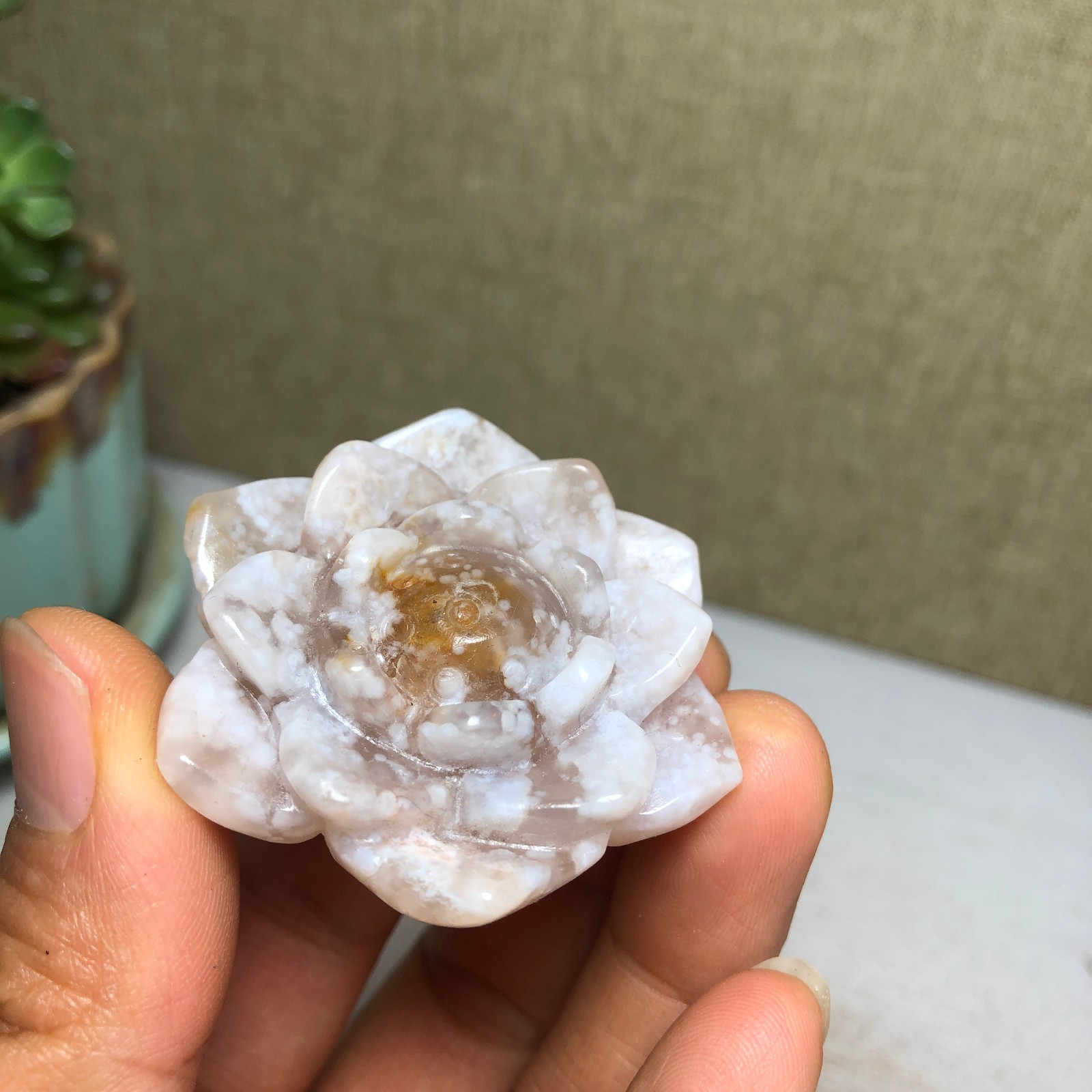 44mm Natural cherry blossom agate Hand carved flower Crystal specimens 38g A4456