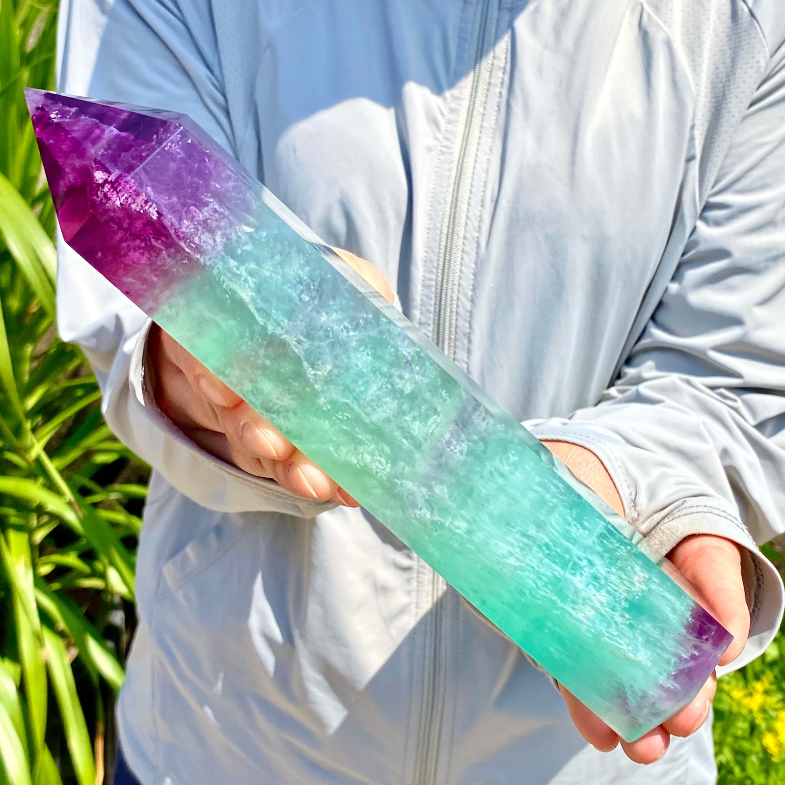 2.27LB Natural Rainbow Fluorite Obelisk Quartz Crystal Wand Tower Point Healing
