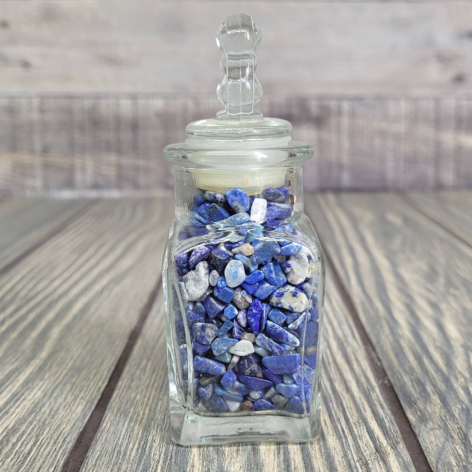 3.5 oz Lapis Lazuli Crystal Tumbled Chips in Vintage Ornate Apothecary Glass Jar