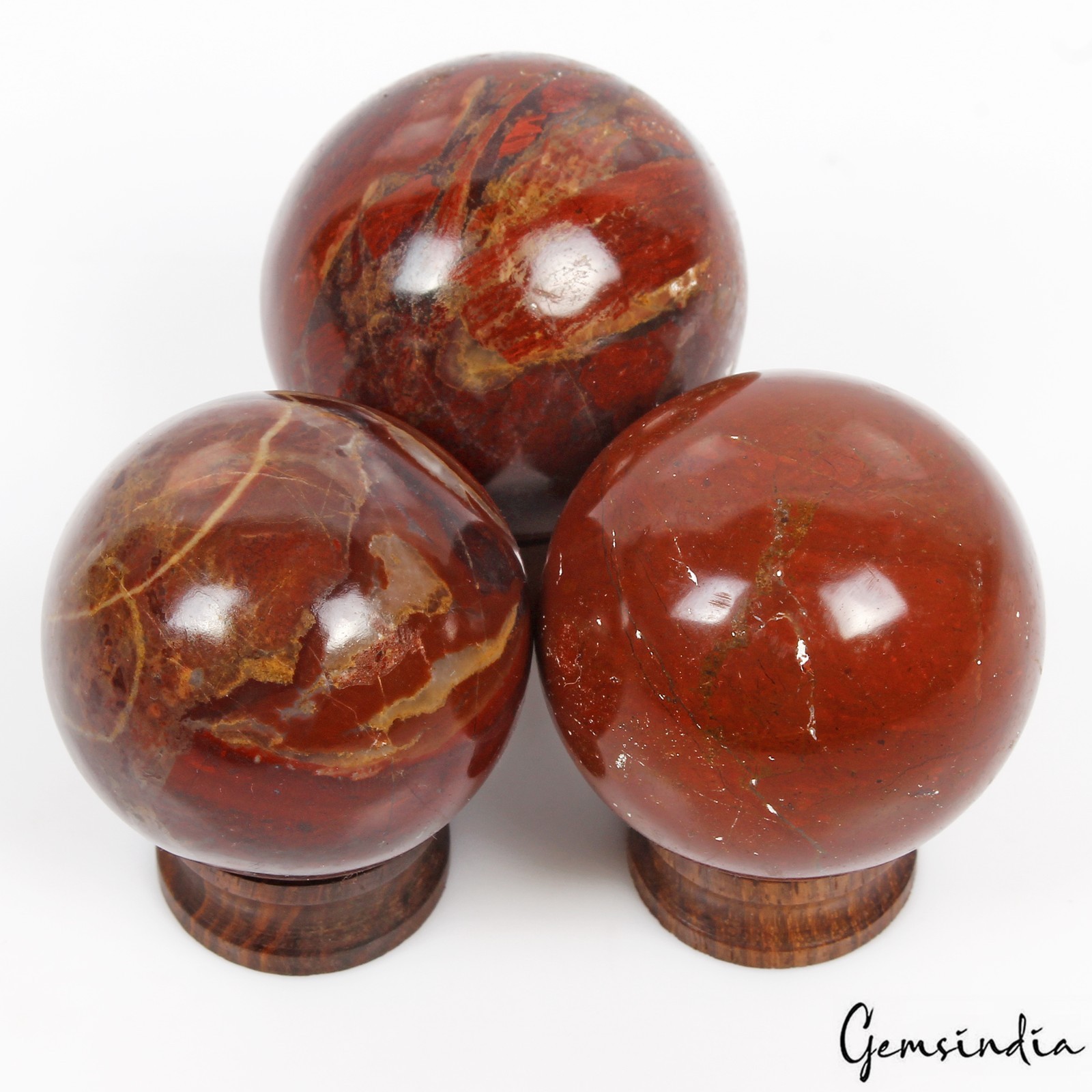 3 Pcs Natural Red Jasper Sphere Set+ Wooden Stands- Bulk Crystal Ball Collection