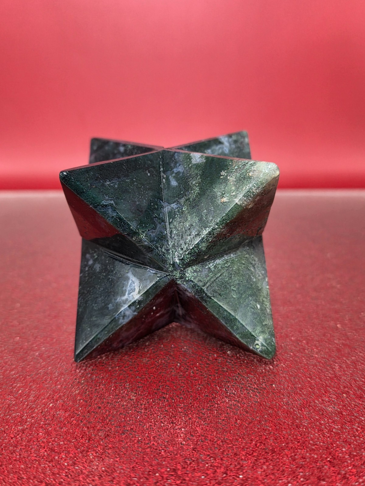 360g Moss Agate 8 Point Merkaba Star Carving Crystal Sacred Geometry Healing