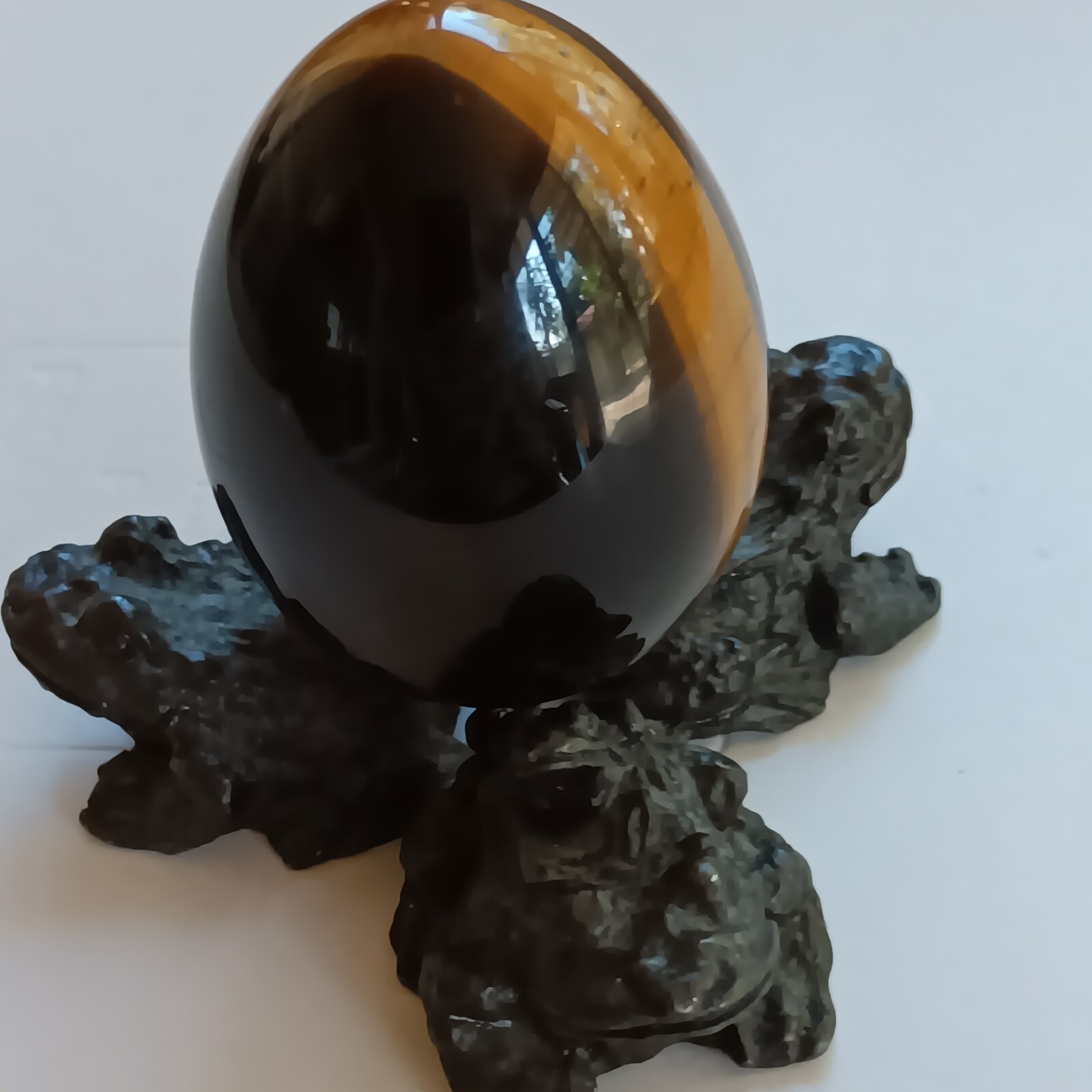 polished golden tiger eye Egg Gemstone Stand is Metal Mom & Baby Tripod Frogs 3″
