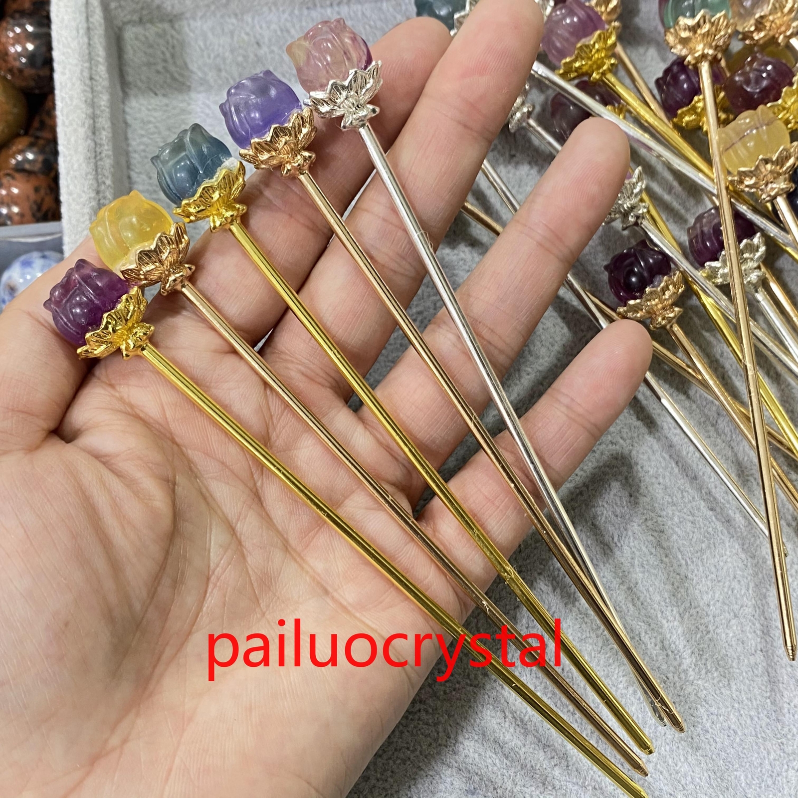 10pc Natural Fluorite Rose Hairpin Quartz Crystal Skull Reiki Healing Gem 5.3″