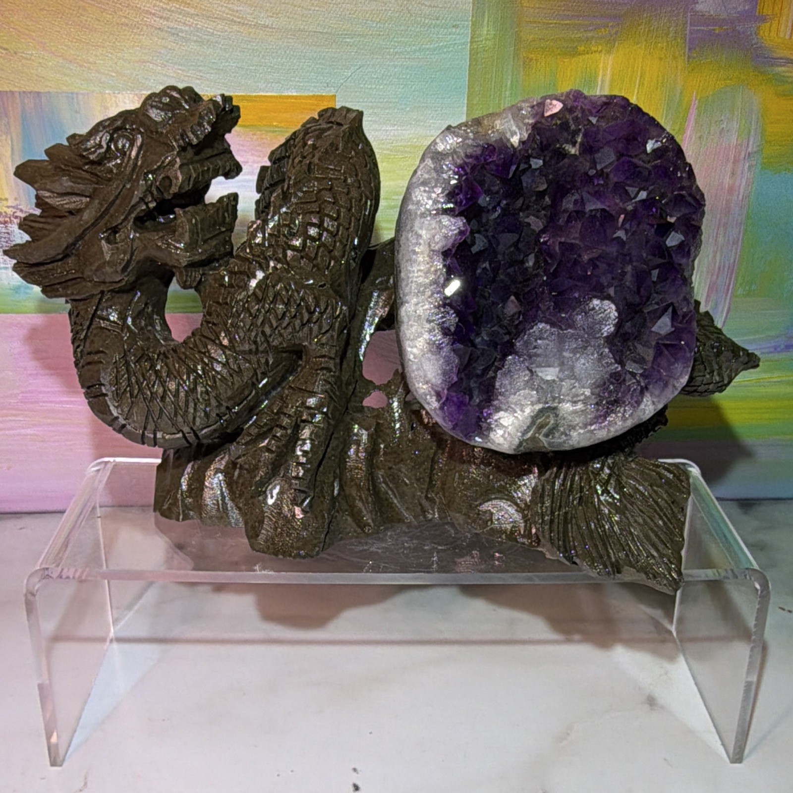 Purple Amethyst Crystal Geode Cluster Mineral Display Specimen on Dragon Stand