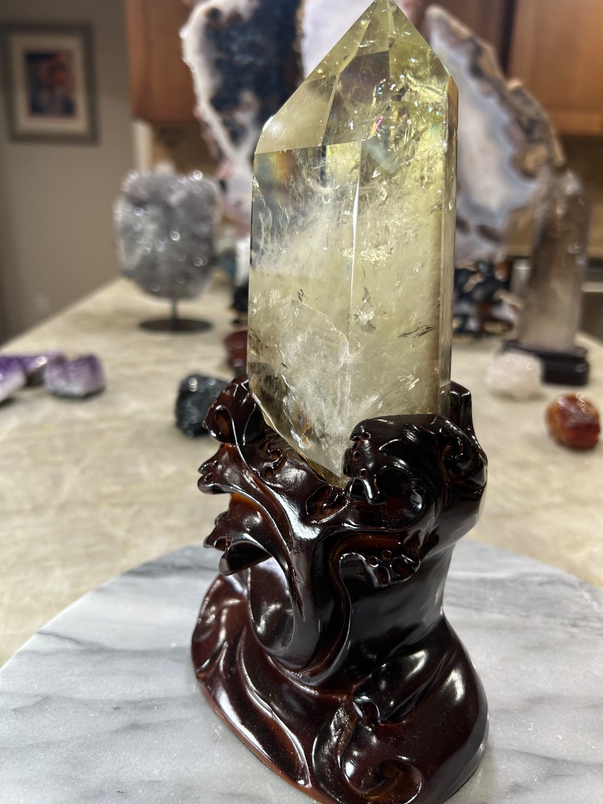 Citrine quartz crystal Freeform tower with custom wood stand