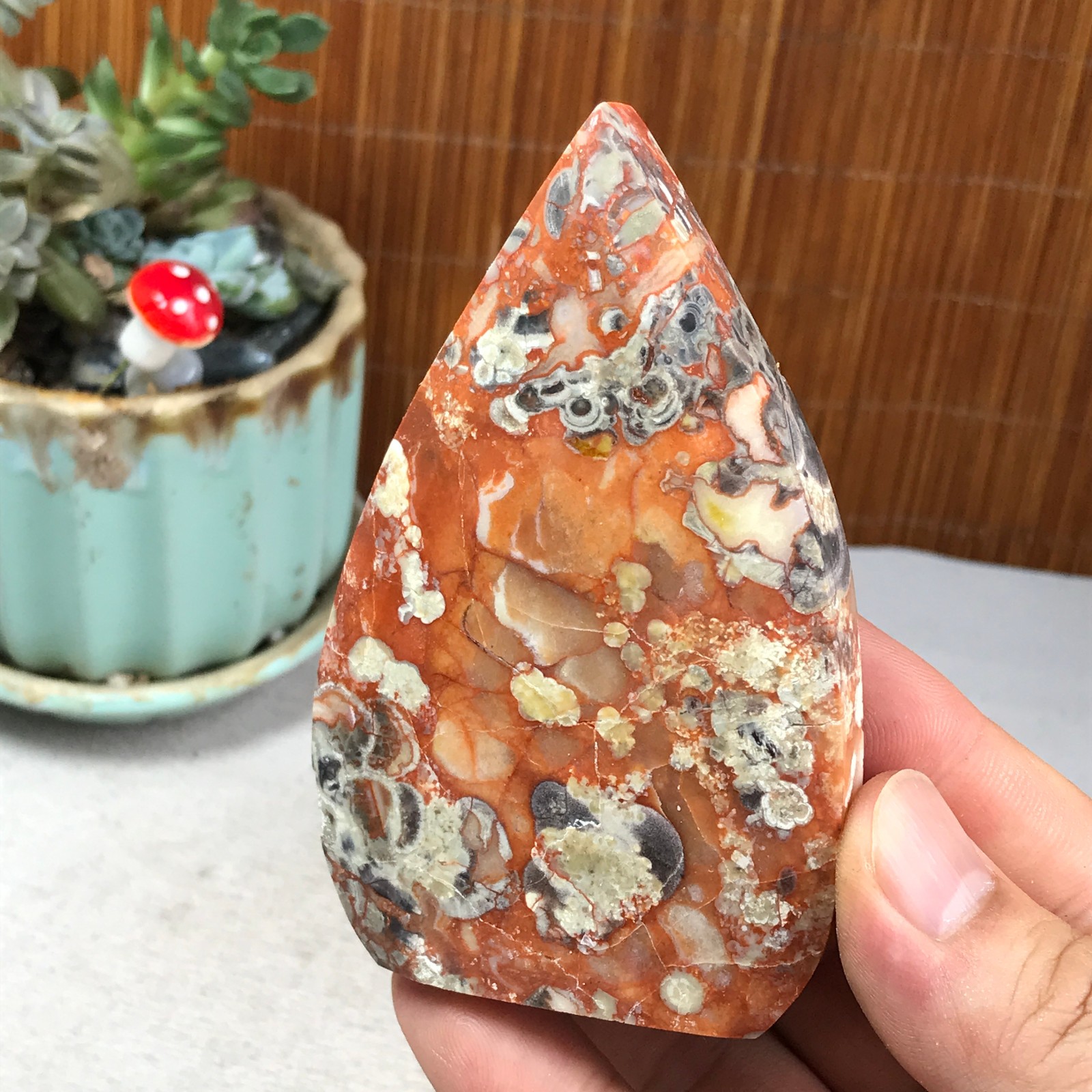 Natural money Mexico agate hand carve leaf Crystal Specimen free standing A6256