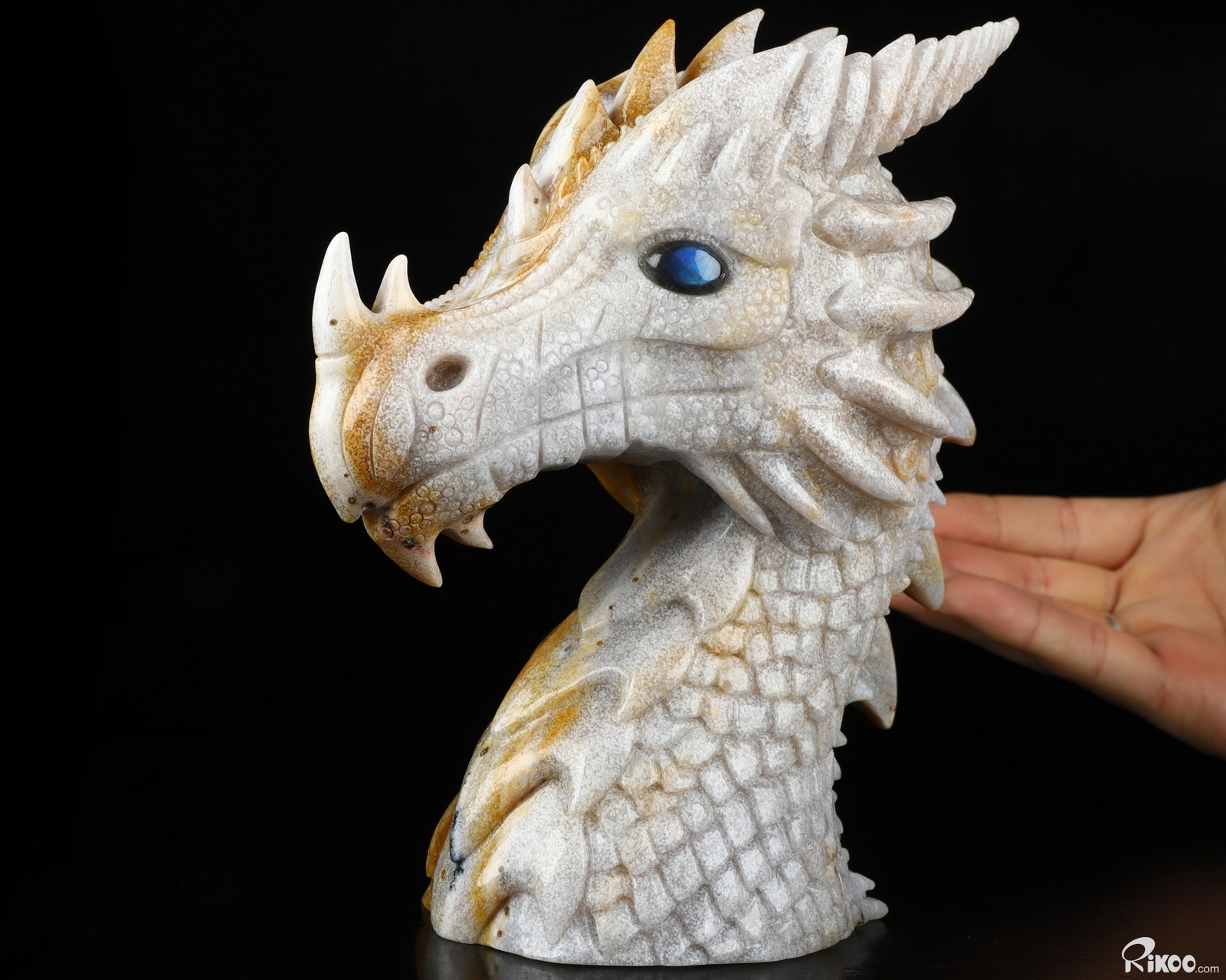 6.9″ Indian Agate Carved Crystal Dragon & Labradorite Eyes Sculpture, Realistic