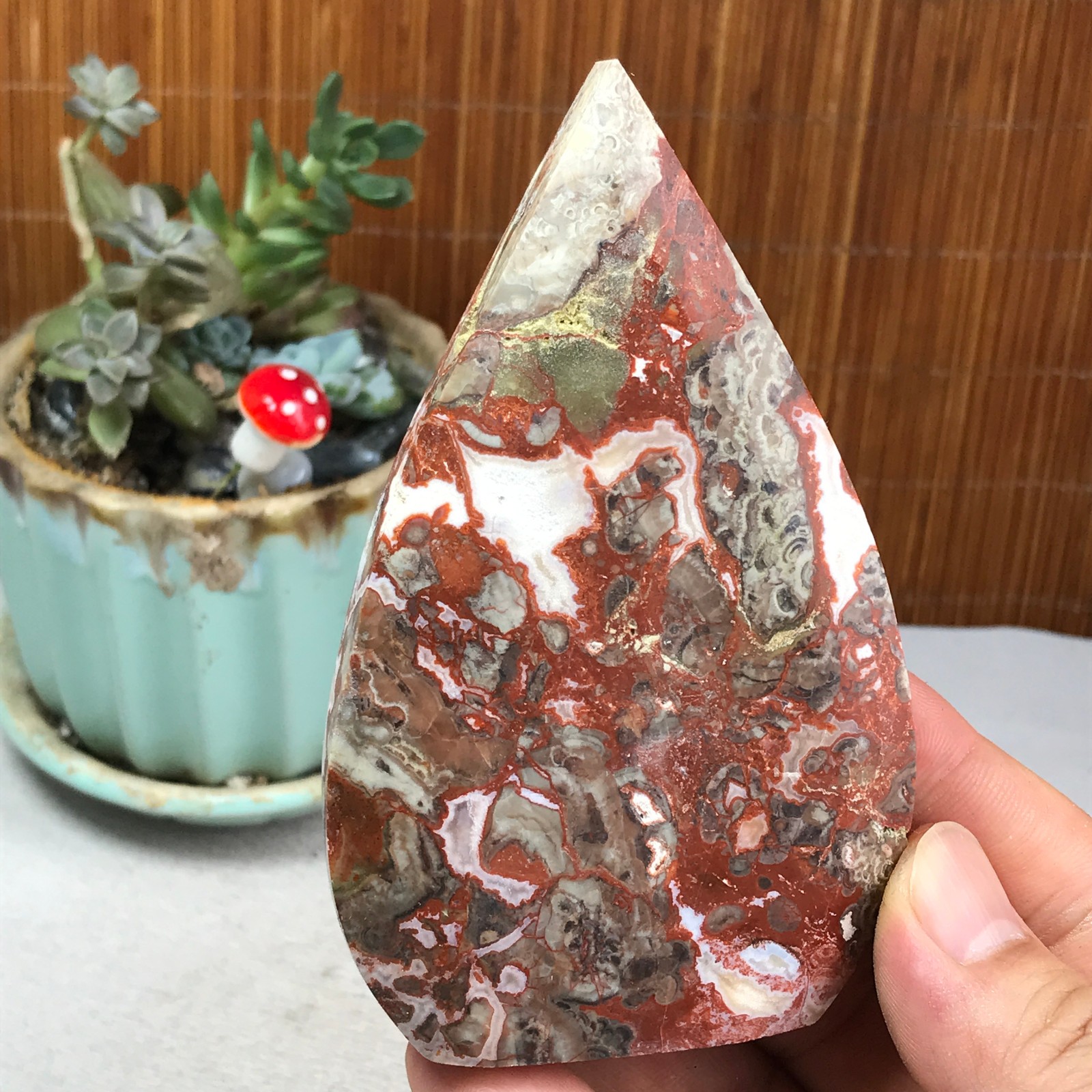 Natural money Mexico agate hand carve leaf Crystal Specimen free standing A6255