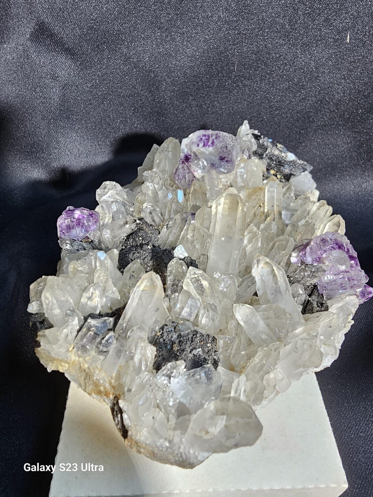 Rare Fluorite on Quartz Crystals with Tourmaline, Magnetite & Pyrite – Stunning