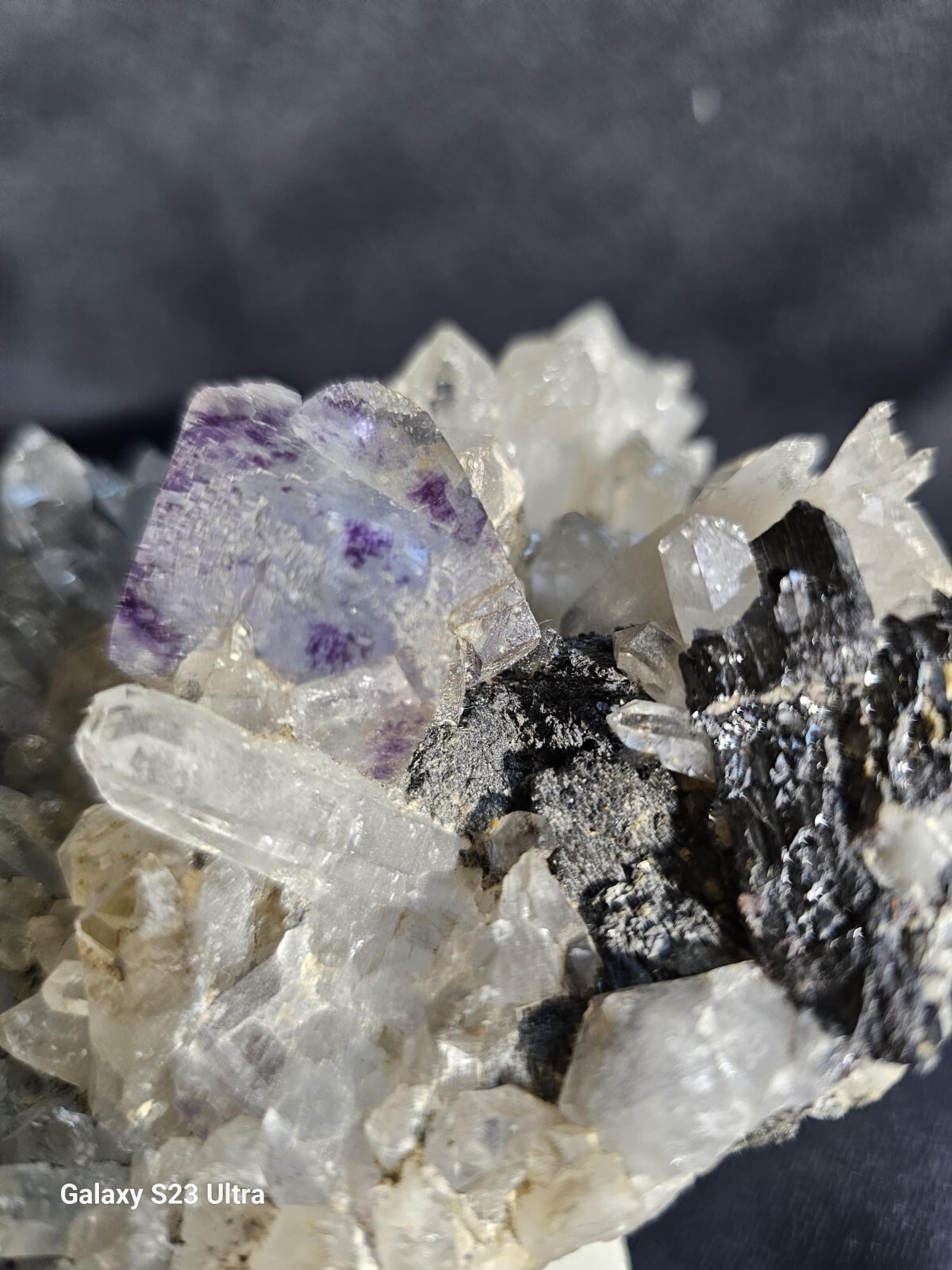 Rare Fluorite on Quartz Crystals with Tourmaline, Magnetite & Pyrite – Stunning