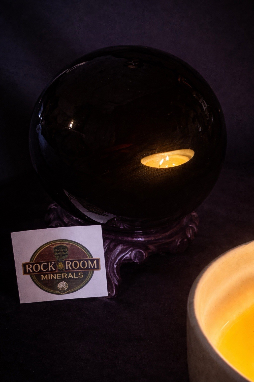 8 inch Black Obsidian Sphere on Ornate Stand, Rock Room Minerals Display