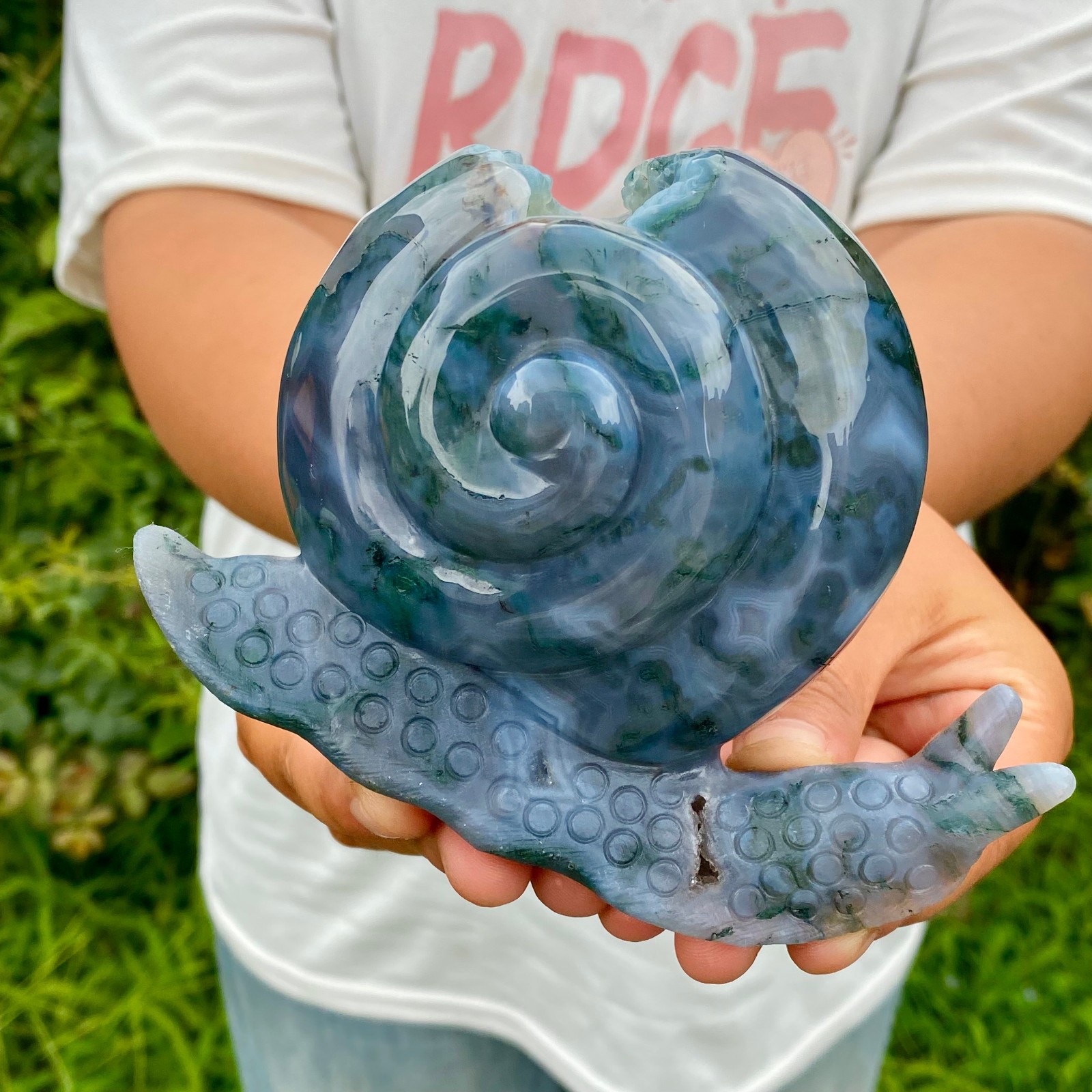 1.4LB Natural Ocean Agate Snail Hand Carving Gemstone Ornament Home Decoration