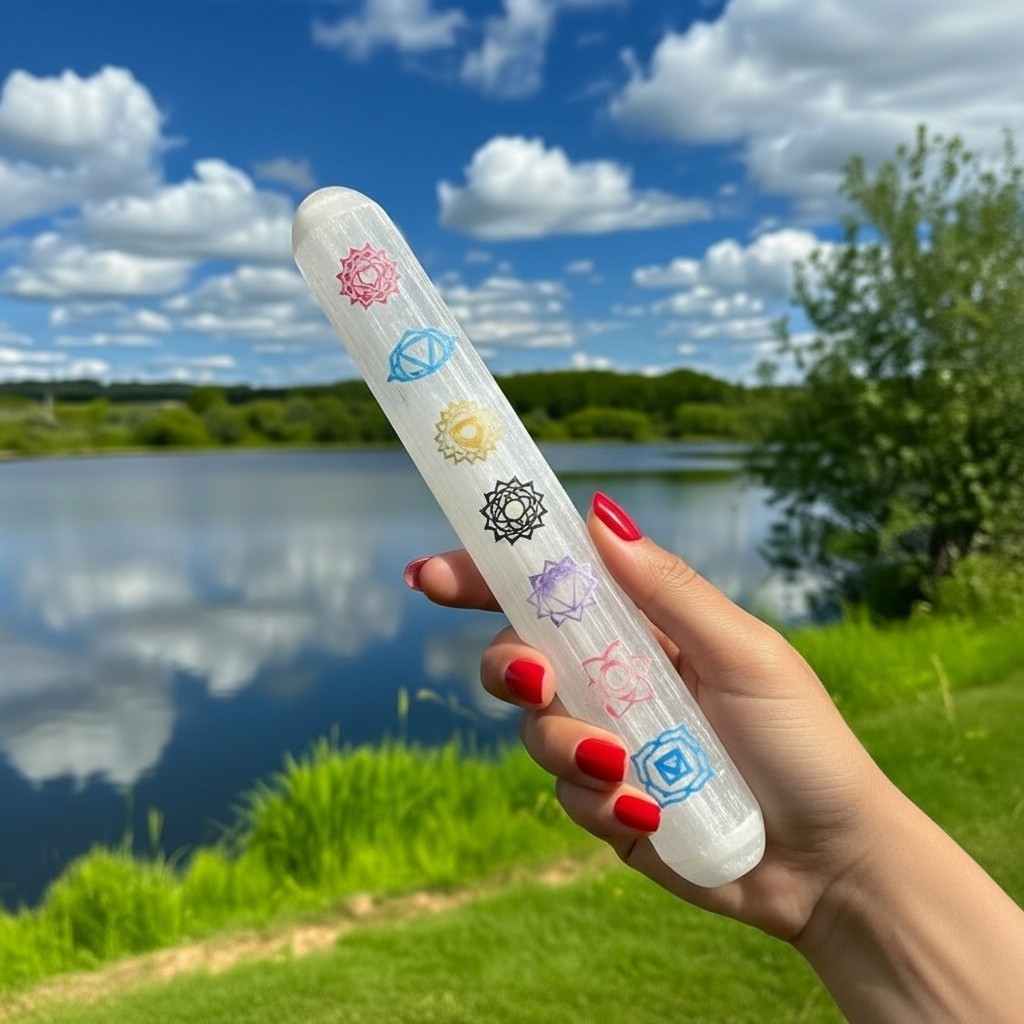 Chakra Selenite Wand – Round Pointed Reiki Massage Stick-Healing Crystal Energy