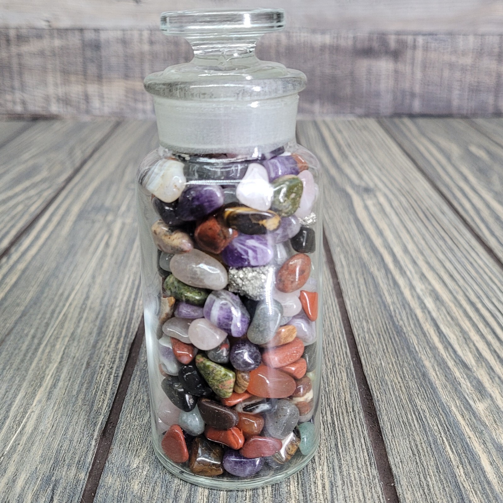 8oz Mixed Crystals in Vintage Chemist Apothecary TCW Glass Jar Small Tumbles EUC