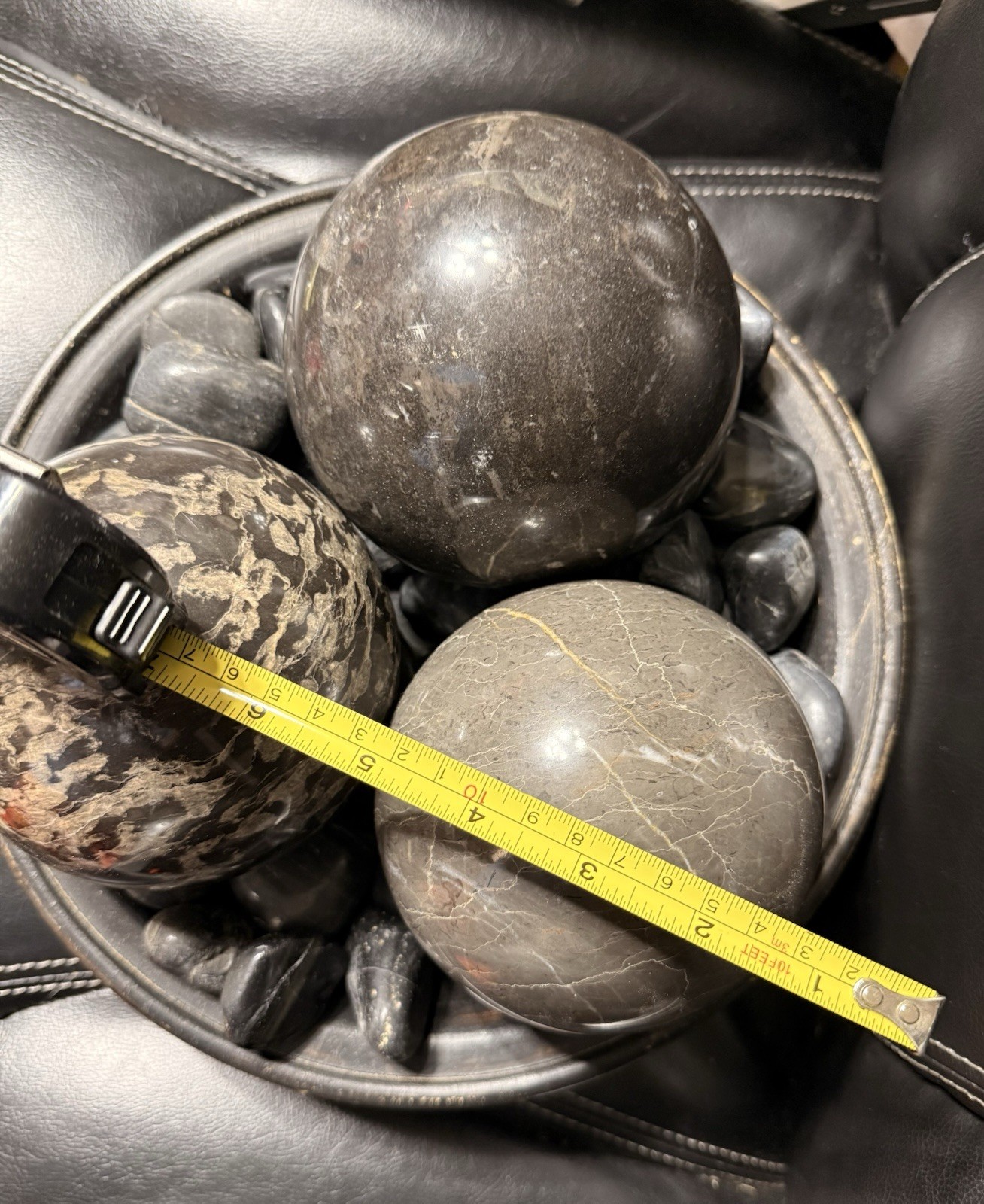 3pc Large 5″ Marble Sphere Balls With Black Rocks And 12” Wooden Bowl VERY NICE!