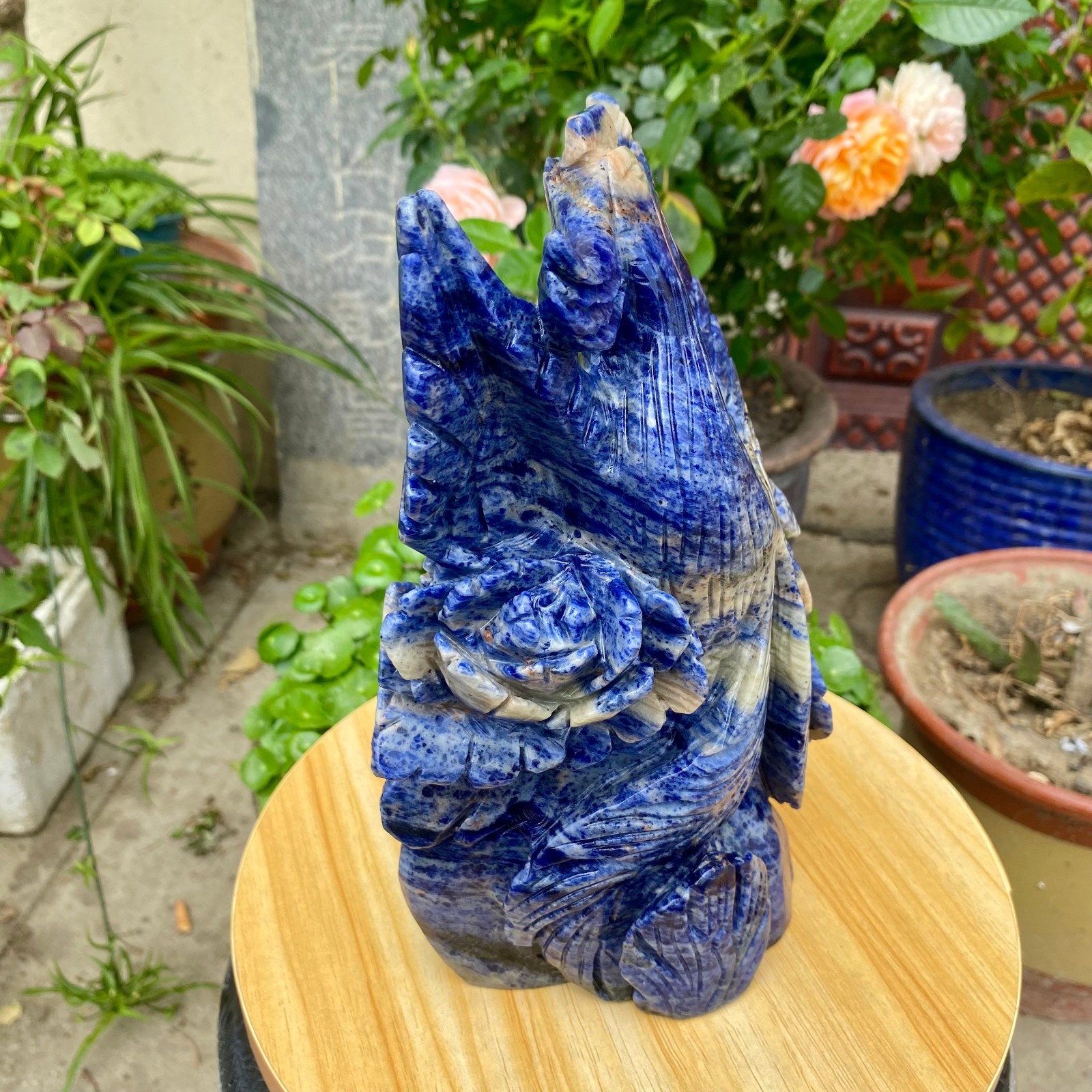 7.05LB Natural Blue Vein Stone Phoenix Carving, Home Decoration