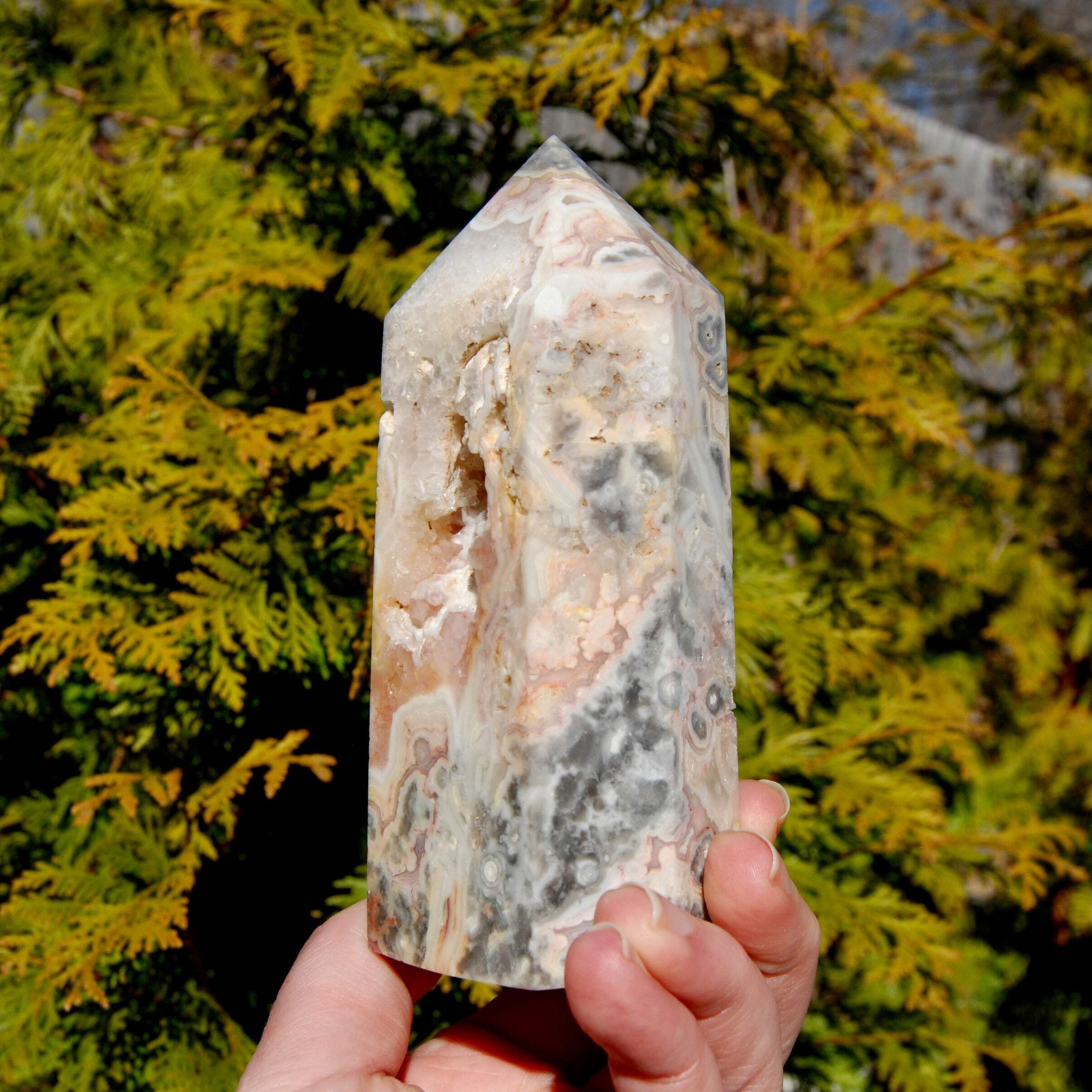 5.25in 1.2lb Pink Crazy Lace Agate Crystal Tower, Mexico
