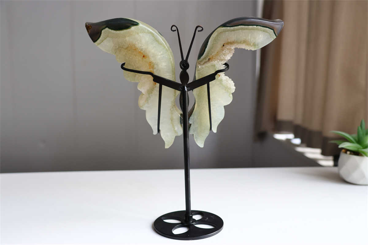 630g Natural Geode Agate Carved Butterfly Wing Reiki Crystal Decor Gift + Stand