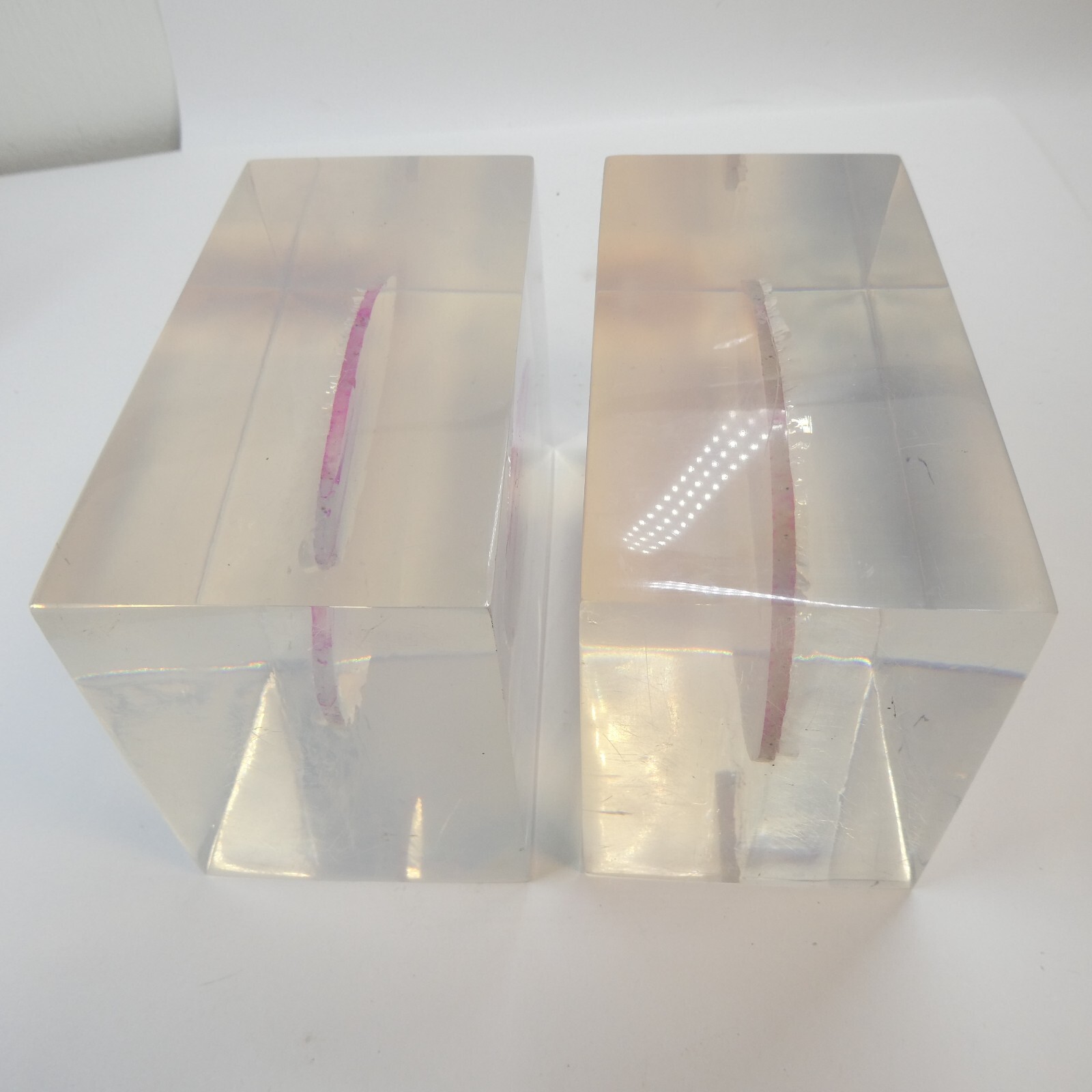 Bookends Pair Vintage Pink Agate Geode Slice in Clear Lucite Acrylic Block