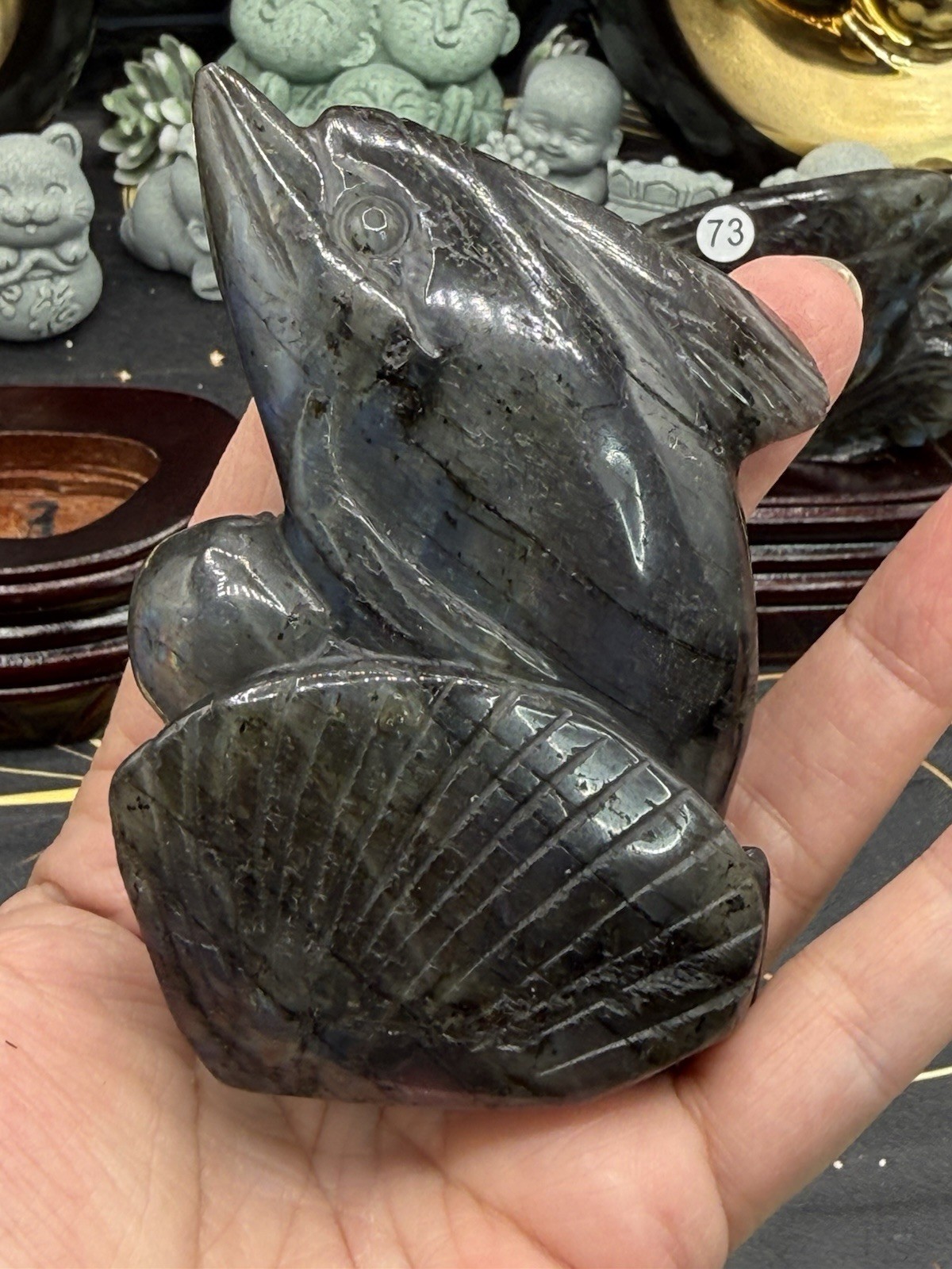 Natural Labradorite harbor porpoise Carving w/ custom stand Rainbow/Purple Fash