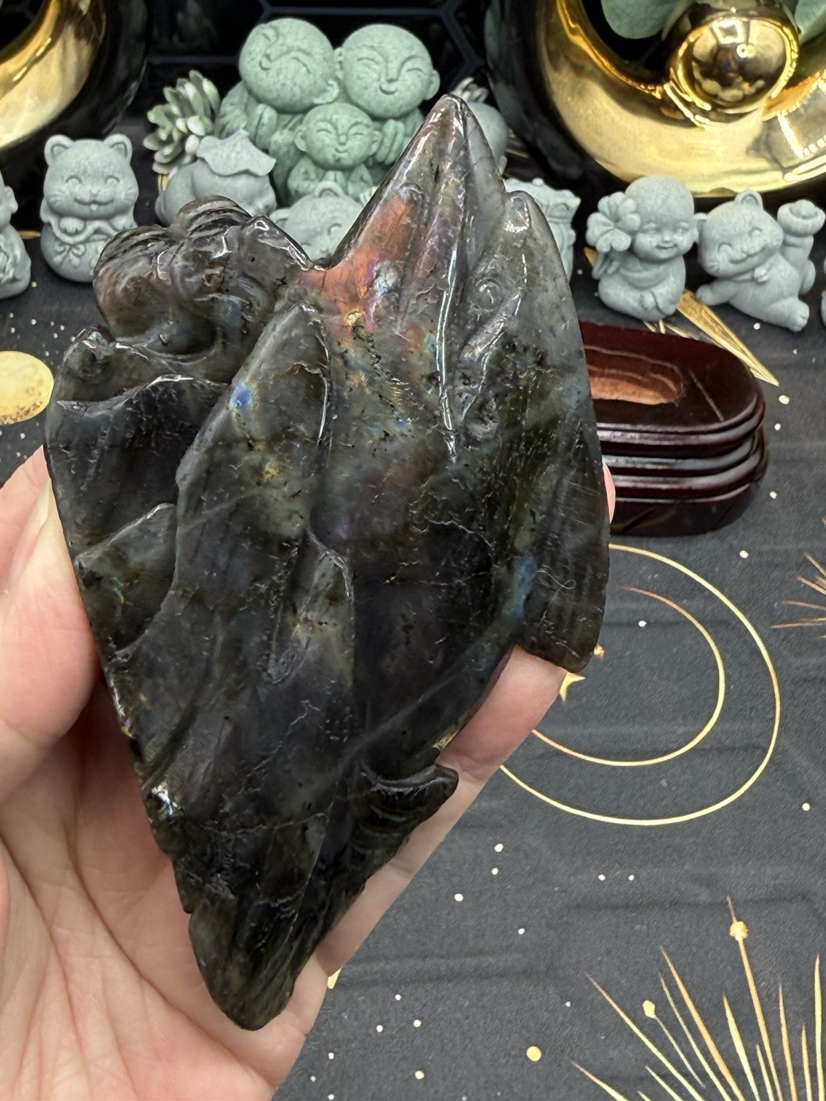 Natural Labradorite harbor porpoise Carving w/ custom stand Rainbow/Purple Fash