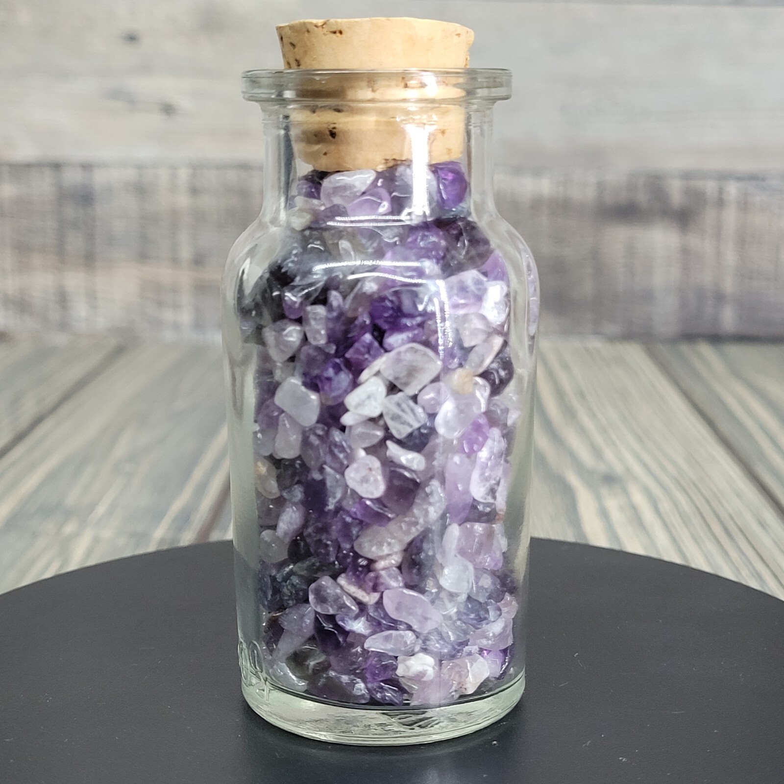 4oz Amethyst Tumbled Crystal Chips in Vintage Apothecary Glass Jar Wagner w/Cork