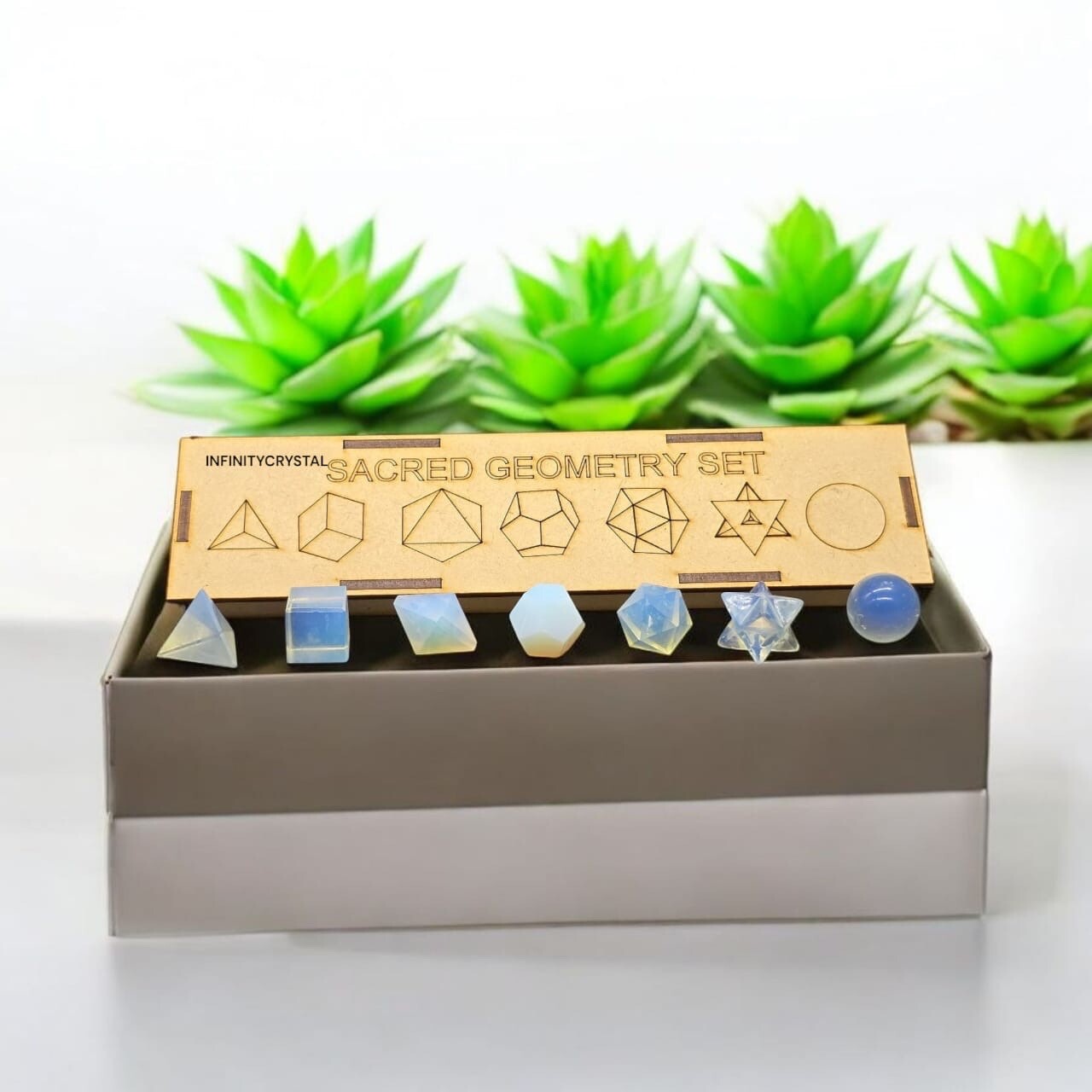 7 Pcs Opalite Sacred Geometry Set 7 Pcs,Crystal Set,Grid Board Wooden Box Gifts.