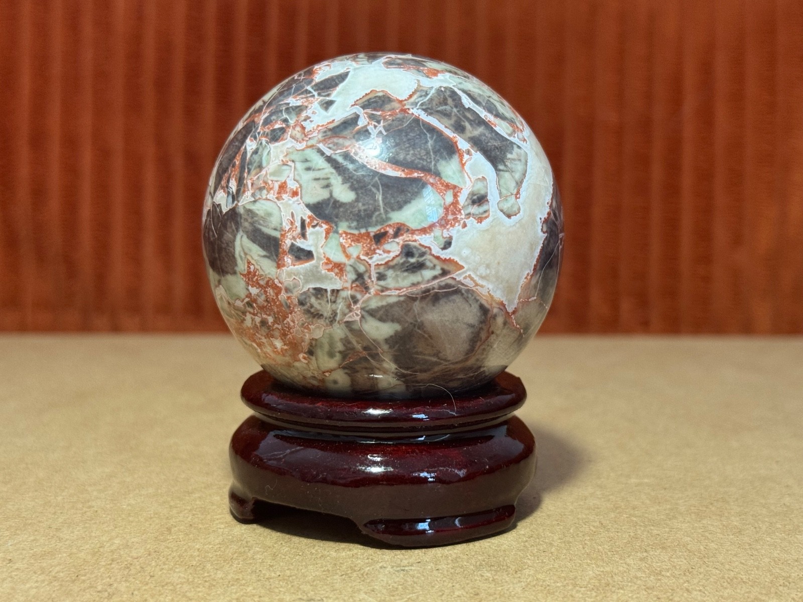 Rhyolite Jasper Multi-Colored Medium Size Sphere Wood Stand Not Included