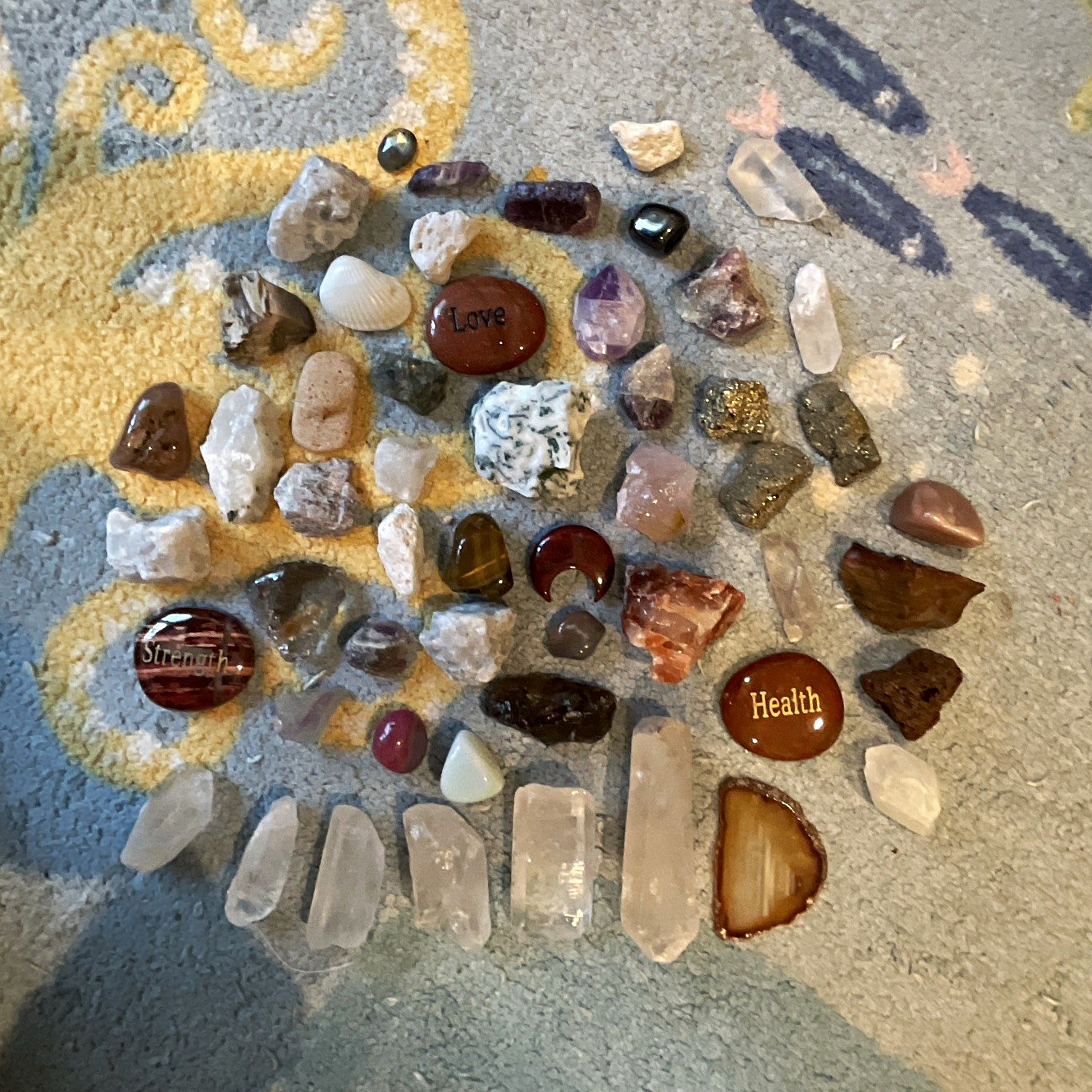 Mixed Lot Tumbled Stones & Crystal Points with Engraved Worry Stones