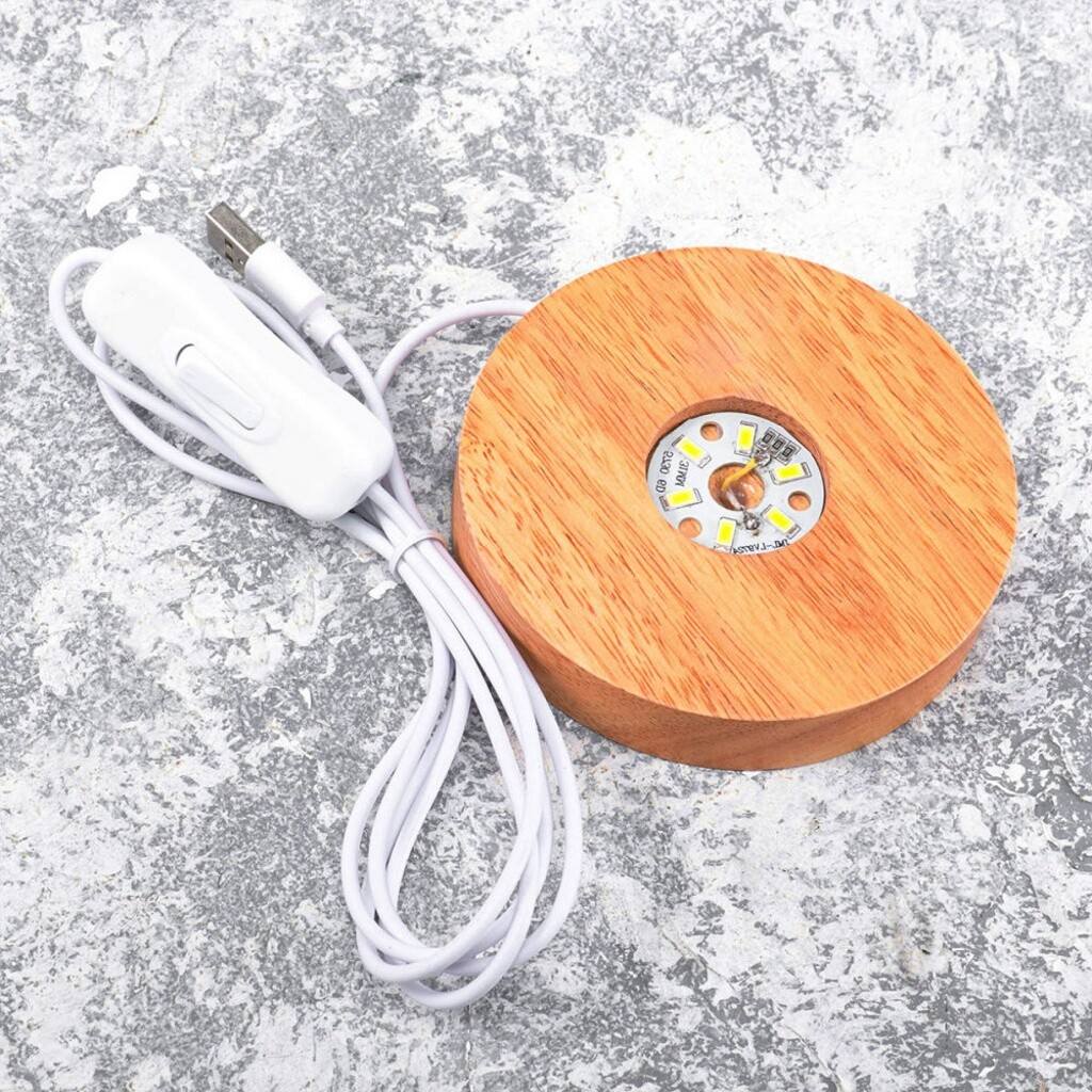 Wooden LED Display Stand 3D Nightlight Round 80mm Base Holder for Crystal Glass