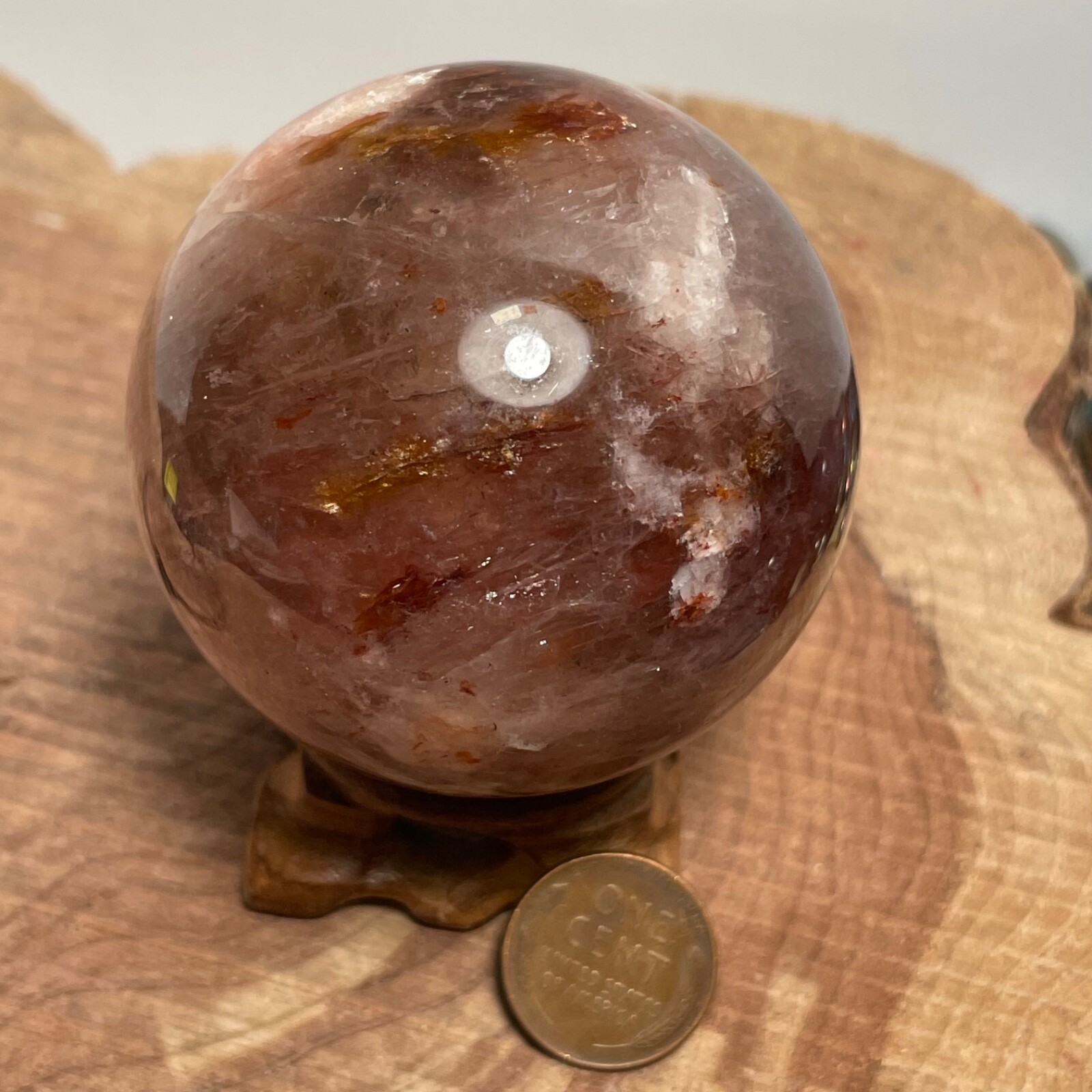 **No Stand** Quartz Sphere Blue Flash! Slightly Smoky Hematoid Flowers 263 Gram