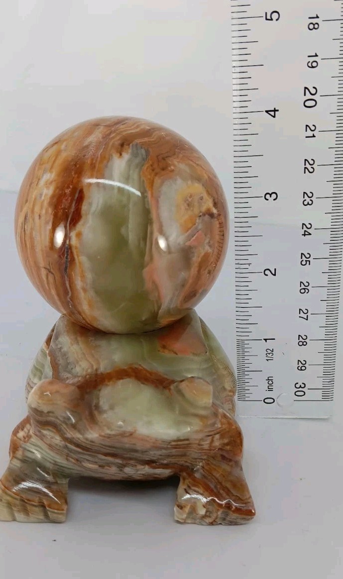Green Banded Onyx Sphere With Matching Carved Frog Stand From Pakistan