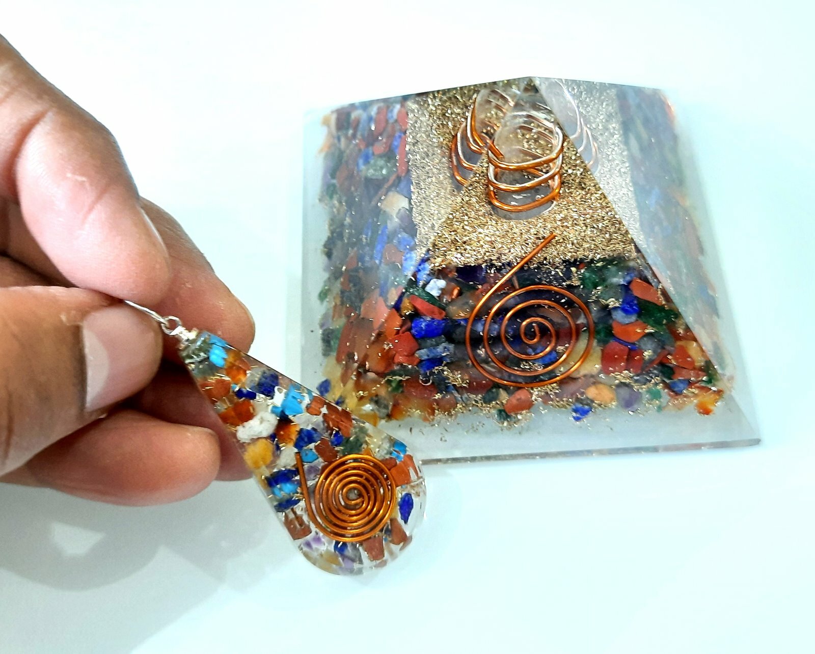 7 Chakra Combo of Healing Crystal Orgone Pyramid & Orgone Pendant Reiki Chakra