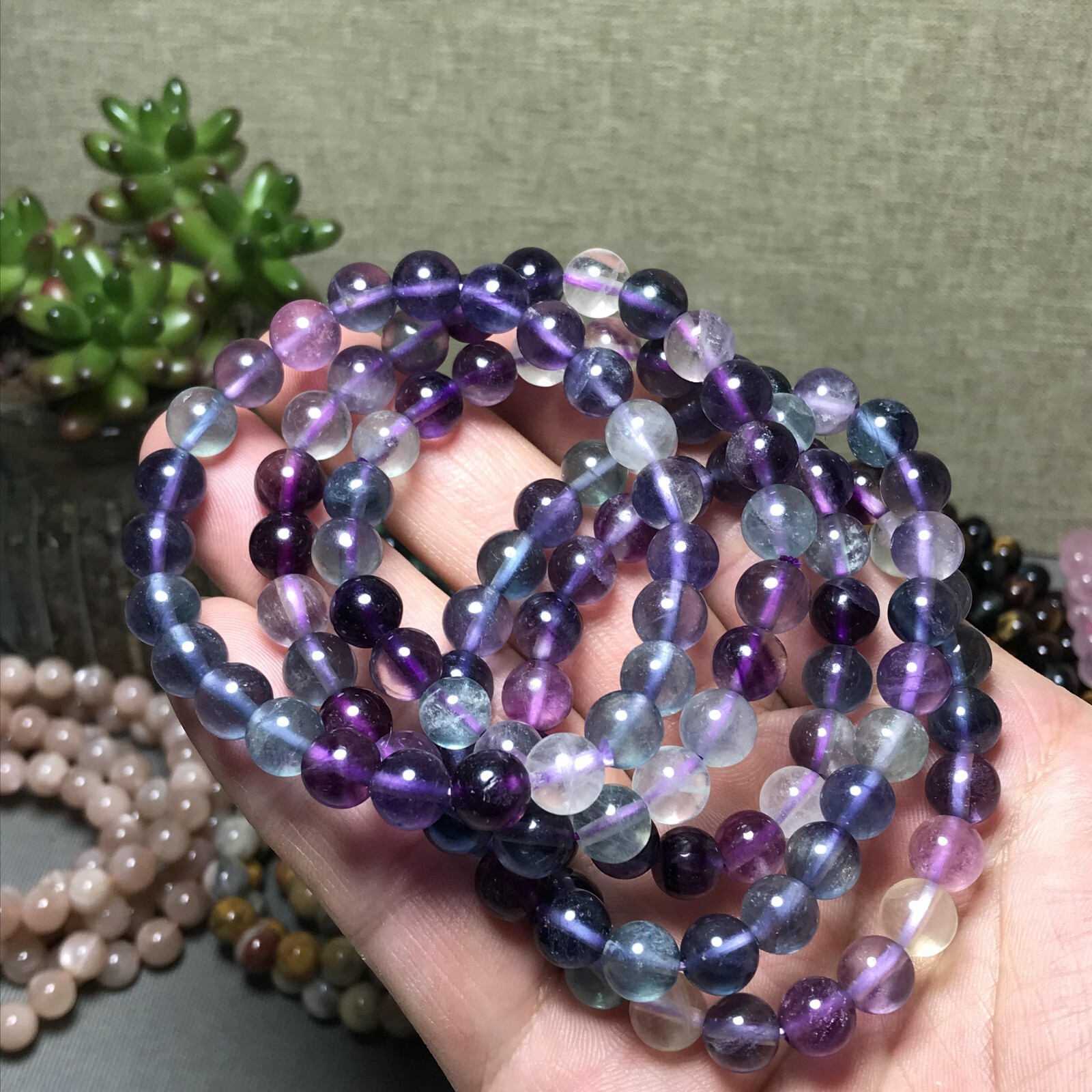 5Pcs Wholesal Natural Polish Rainbow color Fluorite crystal bracelets ball 8mm