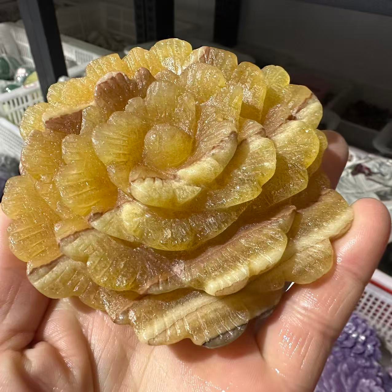 1PC Natural Yellow Calcite Quartz Carved Flower Skull Crystal Reiki Decor Gift