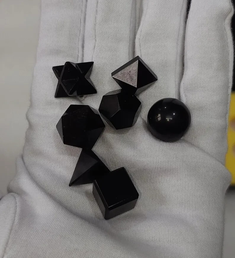 AAA Black Obsidian Platonic Solids Set 7pcs Natural Crystal Sacred Geometry
