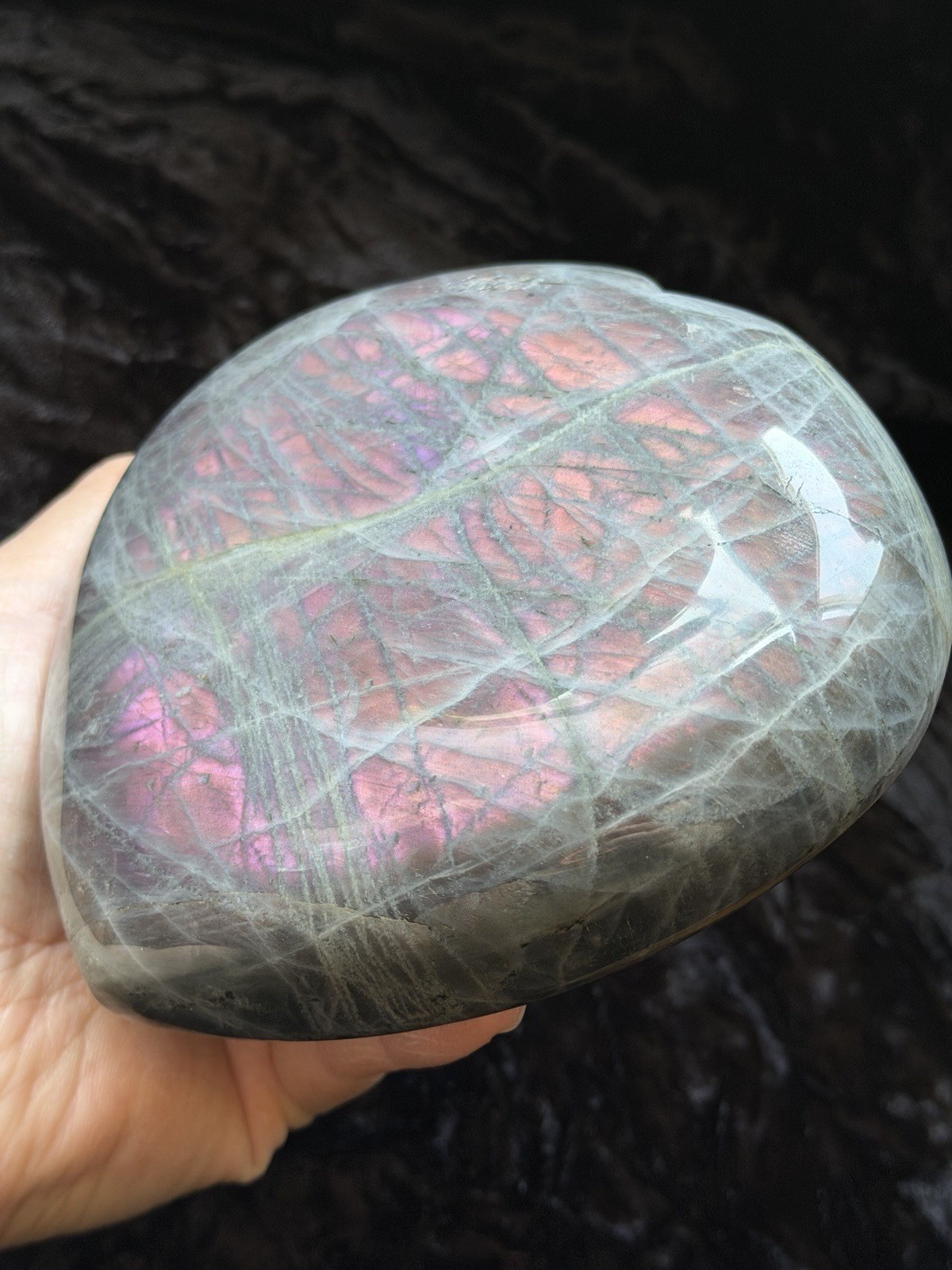 5.15” Large Purple Pink Orange Flash Labradorite Crystal Heart 1100 Grams