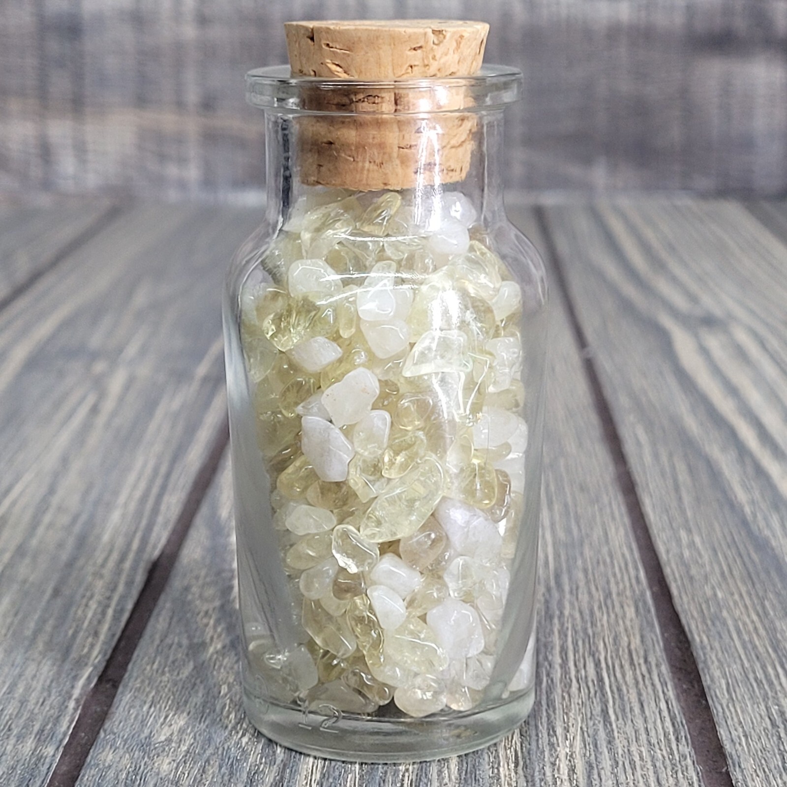 4 oz Citrine Crystal Chip Tumbles in Vintage Apothecary Glass Jar Wagner w/ Cork