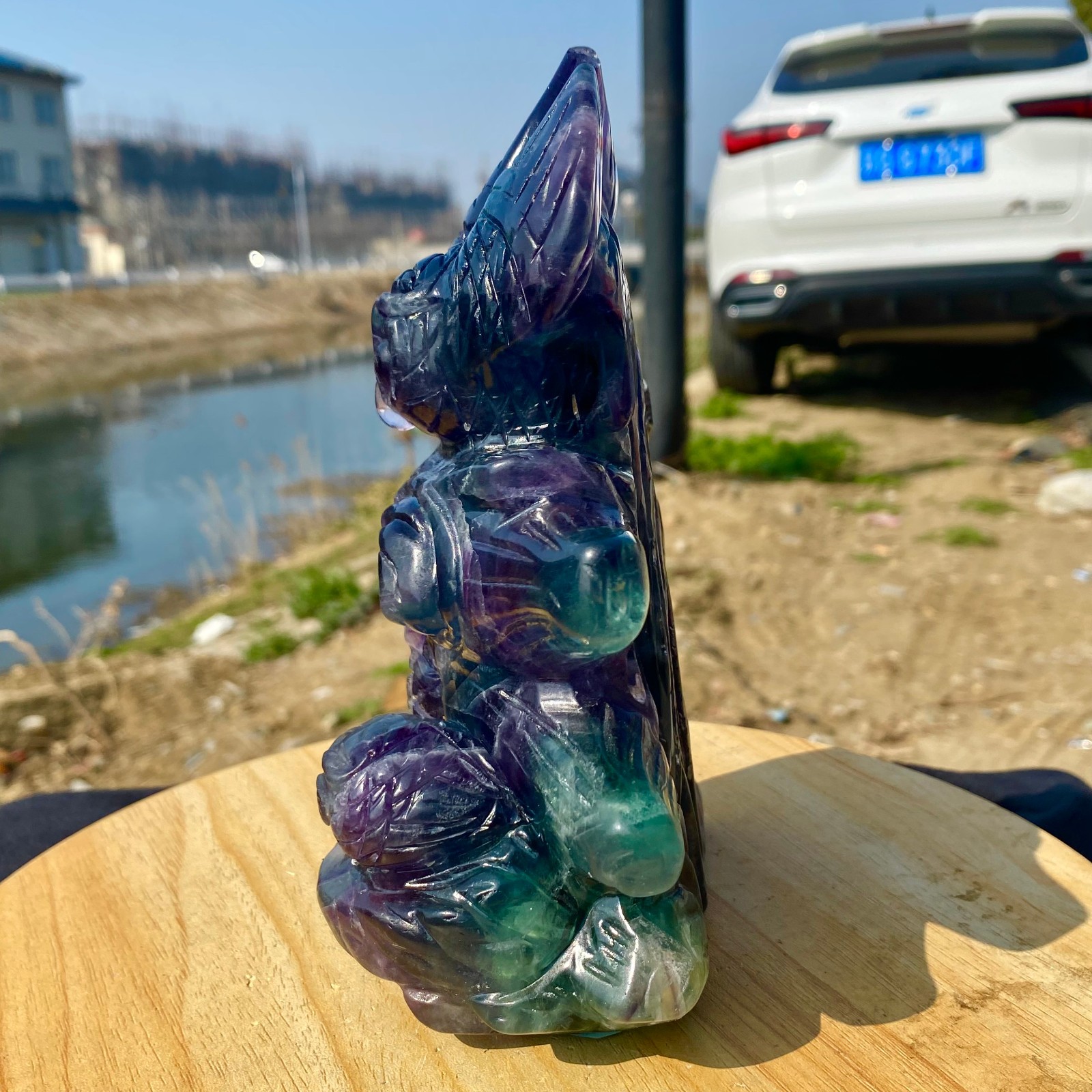3.63LB Natural Fluorite Quartz Owl Sculpture Hand Carved Crystal Reiki Energy