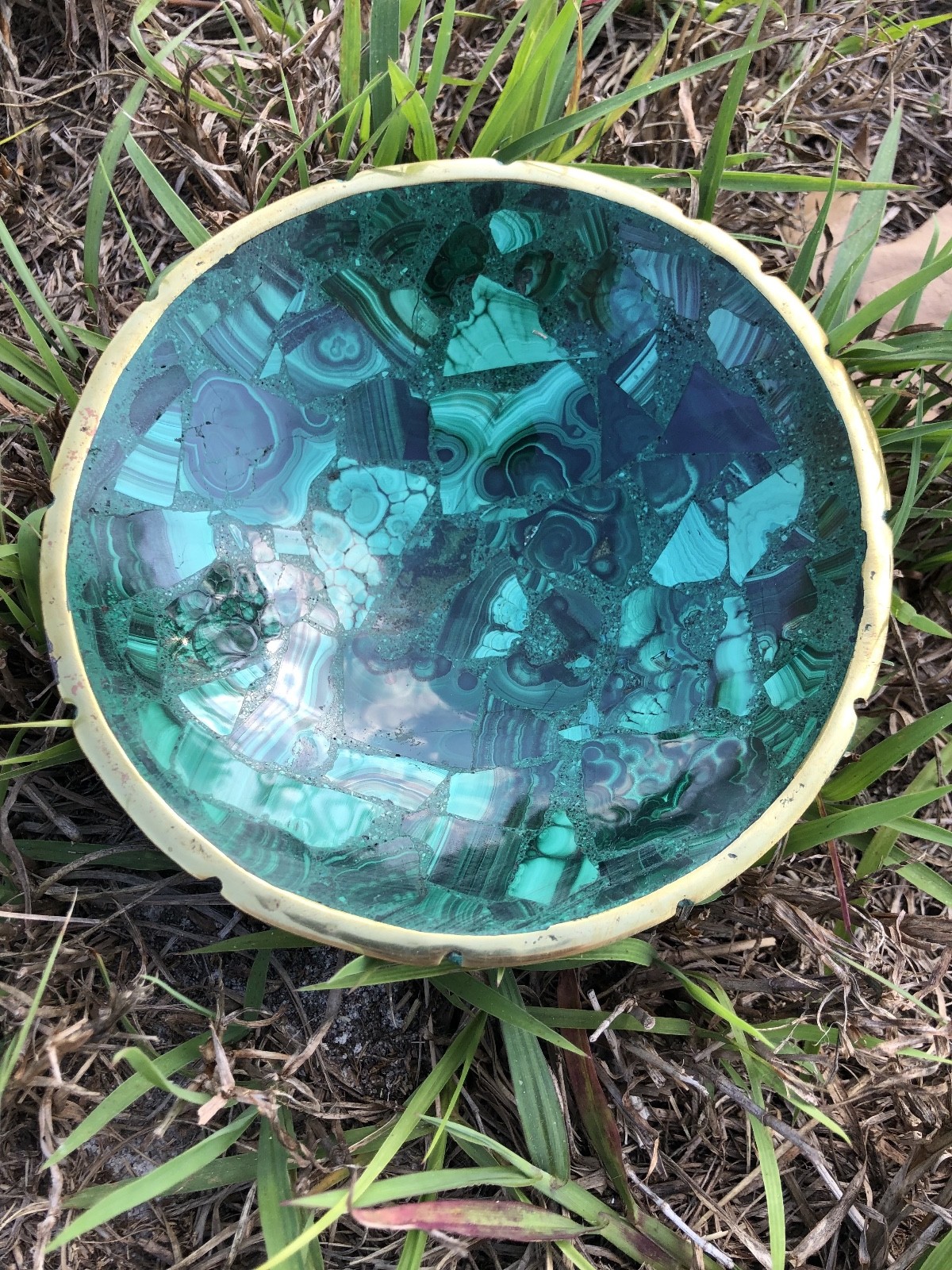 Authentic Malachite Display Bowl with Brass Rim – 5.25″ Decorative Stone Bowl