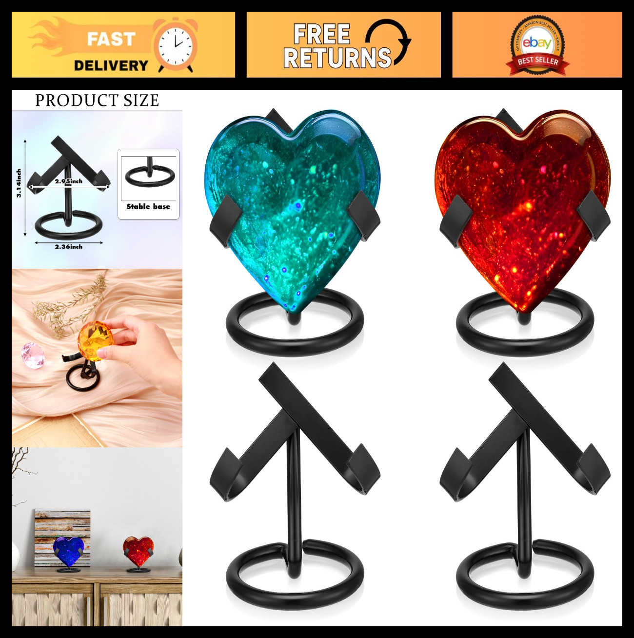 4 Pcs Metal Crystal Heart Stone Stand for Gem Display, Fossils, Agate Easel Hold
